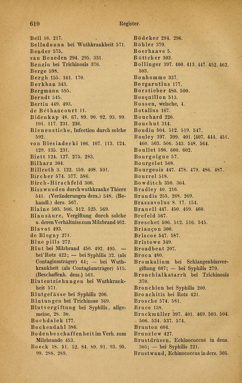 Bell 16. 217. Belladonna bei Wuthkrankheit 571. Bender 575. van Beneden 294. 295. 331. Benzin bei Tricbinosis 376. Berge 598. Bergh 155. 161. 170. Berkban 343. Bergmann 595. Berndt 545. Bertin 449. 493. de Betbancourt 11. Bidenkap 48. 67. 89. 90. 92. 93. 99. 101. 117. 231. 236. Bienensticbe, Infection durcbsolcbe 592. von Biesiadecki 106. 107. 113. 124. 129. 135. 231. Biett 124. 127. 275. 283. Bilbarz 304. Billrotb 3. 122. 159. 408. 591. Bircber 574. 577. 586. Bircb-Hirschfeld 306. Bisswunden durcbwutbkrankeTbiere 541. (Veränderungen ders.) 548. (Be- bandl.) ders. 567. Blaine 503. 506. 512. 525. 569. Blausäure, Vergiftung durcb solcbe u. deren Verbältnisszum Milzbrand 462. Blavot 493. de Blegny 271. Blue pills 272. Blut bei Milzbrand 450. 492. 495. — bci'Rotz 422; — bei Sypbilis 32. (als Contagiumträger) 44; — bei Wutb- krankbeit (als Contagiumträger) 515. (Bescbaflfenb. dess.) 561. Blutentziebungen bei Wutbkrank- beit 571. Blutgefässe bei Sypbilis 206. Blutungen bei Trichinose 369. Blutvergiftung bei Sypbilis, allge- meine, 28. 30. Bocbdalek 177. Bockendabi 386. Bodenbescbaffenheitim Verb, zum Milzbrande 453. Boeck 18. 51. 52. 84. 89. 91. 93. 95. 99. 288. 289. Bödeker 294. 296. Böbler 379. Boerbaave 5. Böttcber 303. Bollinger 397. 400. 413. 447. 452. 462. 503. Bonbomme 337. Borgarutius 177. Borstieber 480. 500. Bosquillon 513. Bossen, welscbe, 4. Botallus 167. Boucbard 220. Boucbut 314. Boudin 504. 512. 519. 547. Bouley 397. 399, 401.1407. 444. 451. 460. 503. 506. 543. 548. 564. Boullet 596. 600. 602. Bourgoigne 57. Bourgelet 508. Bourgeois 447. 478. 479. 486. 487. Bourrel 518. Bowditcb 350. 364. Bradley 40. 216. Brandis 255. 268. 269. Brassavolus 8. 17. 154. Brau eil 447. 450. 459. 460. Brefeld 567. Brescbet 506. 512. 516. 545. BrianQon 300. Briscoe 547. 587. Bristowe 349. Broadbent 207. Broca 480. Bromkalium bei Scblangenbissver- giftung 607; — bei Sypbilis 279. Broncbialkatarrb bei Tricbinosis 370. Broncbien bei Sypbilis 200. Bronchitis bei Rotz 421. Broscbe 574. 581. Bruce 158. Bruckmüller 397. 401. 469. 503. 504. 506. 534. 537. 574. Brunton 604. Brunzlow 427. Brustdrüsen, Ecbinococcus in dens. 305; — bei Sypbilis 221. Brustwand, Echinococcus Inders. 305.