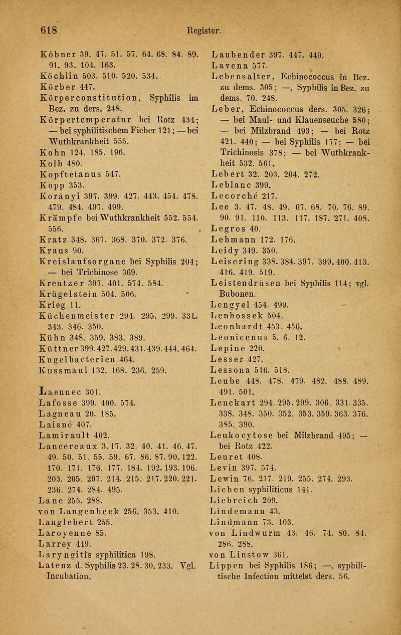 Köbner 39. 47. 51. 57. 64. 68. 84. 89. 91. 93. 104. 163. Köchlin 503. 510. 520. 534. Körber 447. Körperconstitution, Syphilis im Bez. zu ders. 248. Körpertemperatur bei Rotz 434; — bei syphilitischem Fieber 121; —bei Wuthkrankheit 555. Kohn 124. 185. 196. Kolb 480. Kopftetanus 547. Kopp 353. Koränyi 397. 399. 427. 443. 454. 478. 479. 484. 497. 499. Krämpfe bei Wuthkrankheit 552. 554. 556. Kratz 348. 367. 368. 370. 372. 376. Kraus 90. Kreislaufsorgane bei Syphilis 204; — bei Trichinose 369. Kreutzer 397. 401. 574. 584. Krügelstein 504. 506. Krieg 11. Küchenmeister 294. 295. 299. 33L 343. 346. 350. Kühn 348. 359. 383. 389. Küttner 399.427.429.431.439.444. 464. Kugelbacterien 464. Kussmaul 132. 168. 236. 259. Laennec 301. Lafosse 399. 400. 574. Lagneau 20. 185. Laisne 407. Lamirault 402. Lancereaux 3.17. 32. 40. 41. 46.47. 49. 50. 51. 55. 59. 67. 86. 87.90.122. 170. 171. 176. 177. 184. 192.193.196. 203. 205. 207. 214. 215. 217.220.221. 236. 274. 284. 495. Lane 255. 288. von Langenbeck 256. 353. 410. Lauglebert 255. Laroyenne 85. Larrey 449. Laryngitis syphilitica 198. Latenz d. Syphilis 23. 28. 30. 233. Vgl. Incubation. Laubender 397. 447. 449. Lavena 577. Lebensalter, Echinococcus in Bez. zu dems. 305 ; —, SyphiUs in Bez. zu dems. 70. 248. Leber, Echinococcus ders. 305. 326; — bei Maul- und Klauenseuche 580; — bei Milzbrand 493; — bei Rotz 421. 440; — bei Syphilis 177; — bei Trichinosis 378; — bei Wuthkrank- heit 532. 561. Lebert 32. 203. 204. 272. Leblanc 399. Lecorche 217. Lee 3. 47. 48. 49. 67. 68. 70. 76. 89. 90. 91. HO. 113. 117. 187. 271. 408. Legros 40. Lehmann 172. 176. Leidy 349. 350. Leisering 338.384.397. 399.400.413. 416. 419. 519. Leistendrüsen bei Syphilis 114; vgl. Bubonen. Lengyel 454. 499. Lenhossek 504. Leonhardt 453. 456. Leonicenus 5. 6. 12. Lepine 220. Lesser 427. Lessona 516. 518. Leube 448. 478. 479. 482. 488. 489. 491. 501. Leuckart 294.295.299. 306. 331.335. 338. 348. 350. 352. 353.359.363.376. 385. 390. Leukocytose bei Milzbrand 495; — bei Rotz 422. Leuret 408. Levin 397. 574. Lewin 76. 217. 219. 255. 274. 293. Liehen syphiliticus 141. Liebreich 209. Lindemann 43. Lindmann 73. 103. von Lindwurm 43. 46. 74. SO. 84. 286. 288. von Linstow 361. Lippen bei Syphilis 186; —, syphili- tische Infection mittelst ders. 56.