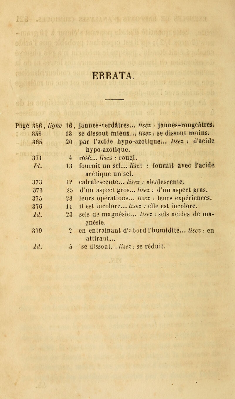 ERRATA. Page 356, ligne 16, jaunes-verdâtres... lisez .- jaunes-rougeâtres. se dissout mieux... lisez : se dissout moins. par l'acide hypo-azotique... lisez ; d'acide hypo-azotique. rosé... lisez : rougi. fournit un sel... lisez : fournit avec l'acide acétique un sel. calcalescente... lisez .- alcalescenle. d'un aspect gros... lisez ; d'un aspect gras. leurs opérations... lisez : leurs expériences. il est incolore... lisez : elle est incolore. sels de magnésie... lisez ; sels acides de ma- gnésie. 379 2 en entraînant d'abord l'humidité... lisez : en attirant... Ici. 5 se dissout... lisez: se réduit. 358 13 365 20 371 4 Id. 13 373 12 373 25 375 28 376 11 Id. 23