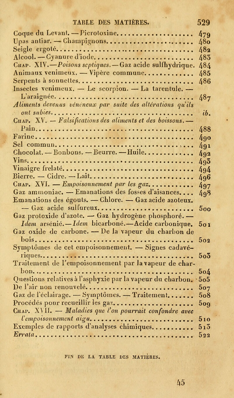 Coque du Levant. —Picroloxine 479 Upas antiar. —- Champignons 480 Seigle ergoté. 482 Alcool. — Cyanure d'iode 485 Ciiap. XIV.—Poisons scptiques.— Gaz acide suifhydrique. 484 Animaux venimeux. — Vipère commune 485 Serpents à sonnettes 486 Insectes venimeux. — Le scorpion. — La tarentule. — L'araignée 487 A limants devenus vénéneux par suite des altérations qu'ils ont subies ib, Ciiap. XV. — Falsifications des aliments et des boissons,—■ Pain 488 Farine 490 Sel commun 491 Chocolat. — Bonbons. —Beurre.—Huile 492 Vins 493 Vinaigre frelaté 494 Pierre. — Cidre. — Lait 4og Chap. XVI. — Empoisonnement par les gaz 497 Gaz ammoniac. — Emanations des fosses d'aisances.... 498 Emanations des égouts. —Chlore. — Gaz acide azoteux. — Gaz acide sulfureux 5oo Gaz protoxide d'azote. —■ Gaz hydrogène phosphore. — Idem arsénié. — Idem bicarboné.—Acide carbonique. 5oi Gaz oxide de carbone. — De la vapeur du charbon de bois 502 Symptômes de cet empoisonnement. — Signes cadavé- riques 5o3 Traitement de l'empoisonnement par ia vapeur de char- bon 5o4 Questions relatives à l'asphyxie par la vapeur du charbon. • 5o5 De l'air non renouvelé 507 Gaz de l'éclairage. — Symptômes. — Traitement 5o8 Procédés pour recueillir les gaz 5og Chap. XVII. — Maladies que l'on pourrait confondre avec C empoisonnement aigu. 510 Exemples de rapports d'analyses chimiques. 5i5 Errata 522 Fl.N DE LA TABLE DES MATIERES. 45