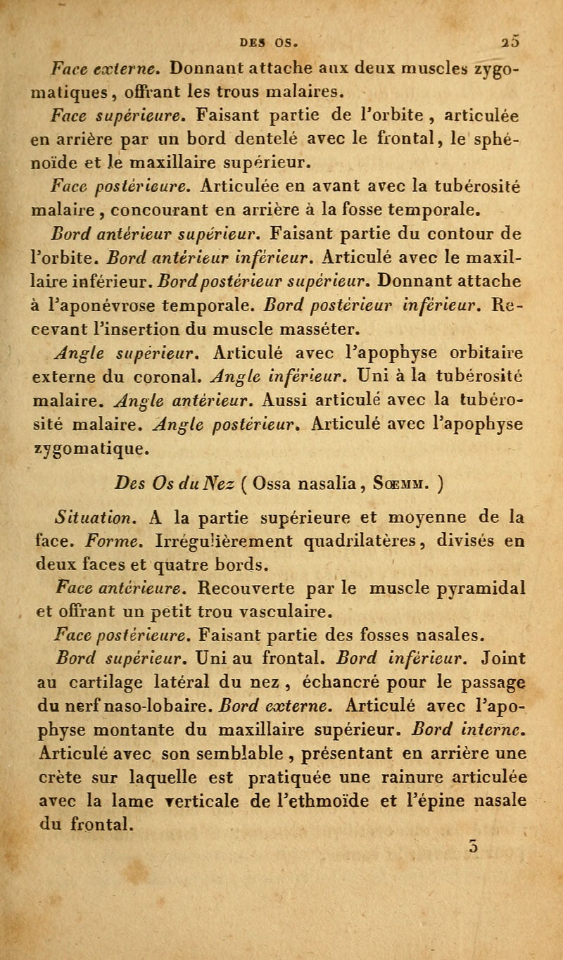 Face externe. Donnant attache aux deux muscles zygo- matiques, oflPiant les trous malaires. Face supérieure. Faisant partie de l'orbite , articulée en arrière par un bord dentelé avec le frontal, le sphé- noïde et le maxillaire supérieur. Face postérieure. Articulée en avant avec la tubérosité malaire , concourant en arrière à la fosse temporale. Bord antérieur supérieur. Faisant partie du contour de l'orbite. Bord antérieur inférieur. Articulé avec le maxil- laire inférieur. Bord postérieur supérieur. Donnant attache à l'aponévrose temporale. Bord postérieur inférieur. Re- cevant l'insertion du muscle masséter. Angle supérieur. Articulé avec l'apophyse orbitaire externe du coronal. Angle inférieur. Uni à la tubérosité malaire. Angle antérieur. Aussi articulé avec la tubéro- sité malaire. Angle postérieur. Articulé avec l'apophyse xygomatique. Des Os du Nez ( Ossa nasalia, Scemm. ) Situation. A la partie supérieure et moyenne de la face. Forme. Irrégulièrement quadrilatères, divisés en deux faces et quatre boi'ds. Face antérieure. Recouverte par le muscle pyramidal et offrant un petit trou vasculaire. Face postérieure. Faisant partie des fosses nasales. Bord supérieur. Uni au frontal. Bord inférieur. Joint au cartilage latéral du nez , échancré pour le passage du nerf naso-lobaire. ^orf/eccierne. Articulé avec l'apo- physe montante du maxillaire supérieur. Bord interne. Articulé avec son semblable , présentant en arrière une crête sur laquelle est pratiquée une rainure articulée avec la lame verticale de Tethmoïde et l'épine nasale du frontal.