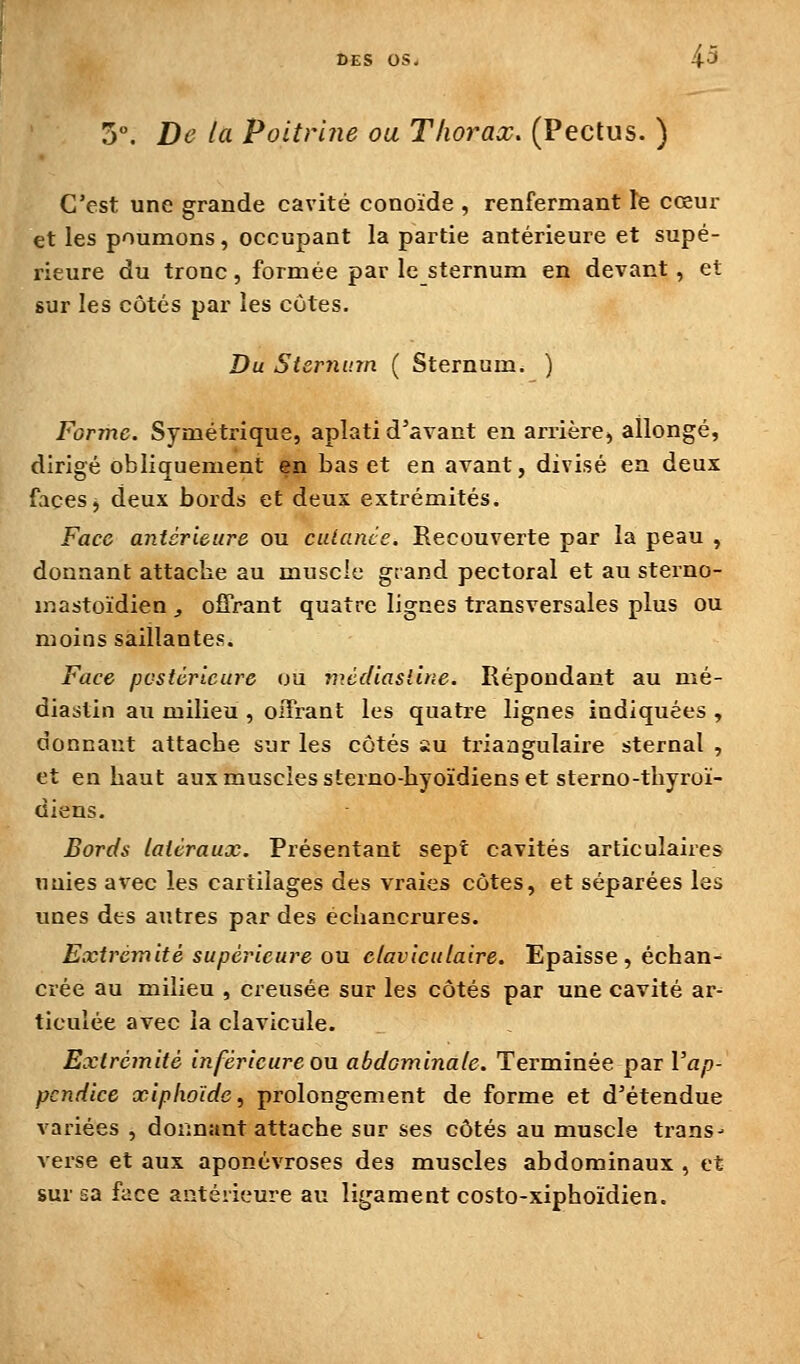 7j°. De la Poitrine ou Thorax. (Pectus. ) C'est une grande cavité conoïde , renfermant le cœur et les poumons, occupant la partie antérieure et supé- rieure du tronc, formée par le sternum en devant, et sur les côtés par les côtes. Du Sierninn ( Sternum. ) Forme. Symétrique, aplati d'avant en arrière, allongé, dirigé obliquement en bas et en avant, divisé en deux faces ^ deux bords et deux extrémités. Face antérieure ou cutanée. Recouverte par la peau , donnant attache au muscle grand pectoral et au sterno- mastoïdien , offrant quatre lignes transversales plus ou moins saillantes. Face postérieure ou médiasline. Répondant au mé- diastin au milieu , offrant les quatre lignes indiquées , donnant attache sur les côtés iu triangulaire sternal , et en haut aux muscles sterno-hyoïdiens et sterno-thyroï- diens. Bords latéraux. Présentant sept cavités articulaires unies avec les cartilages des vraies côtes, et séparées les unes des autres par des echancrures. Extrémité supérieure ou elaviculaire. Epaisse, échan- crée au milieu , creusée sur les côtés par une cavité ar- ticulée avec la clavicule. Extrémité inférieure ou. abdominale. Terminée par l'ap- pendice xiphoïde^ prolongement de forme et d'étendue variées , donnant attache sur ses côtés au muscle trans- verse et aux aponévroses des muscles abdominaux , et sur sa face antérieure au ligament costo-xiphoïdien.