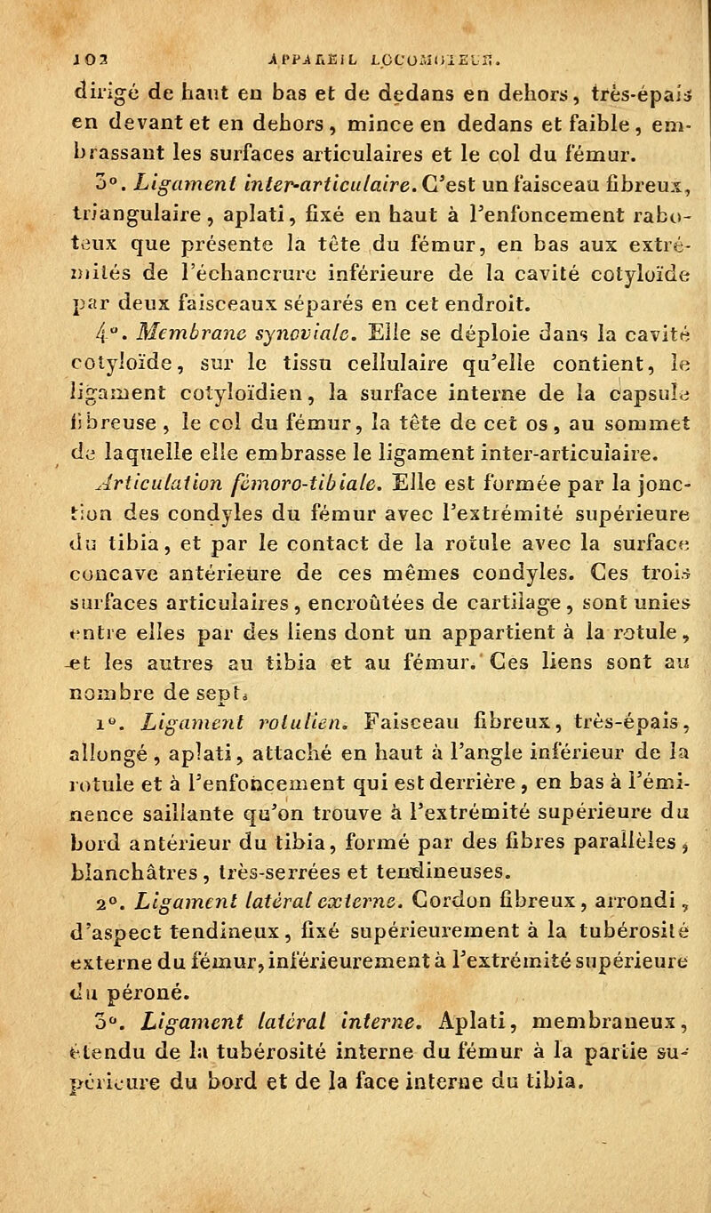 J03 At'Pjir,EiL LCCUiîlliEUn. dirigé de haut en bas et de dedans en dehoris, très-épais en devant et en dehors, mince en dedans et faible , em- brassant les surfaces articulaires et le col du fémur. jo. Ligament inter-articulaire. C'est un faisceau fibreux, triangulaire, aplati, fixé en haut à Fenfoncement rabc>- teux que présente la tête du fémur, en bas aux extré- Diilés de l'échancrure inférieure de la cavité cotyloïde par deux faisceaux séparés en cet endroit. 4. Membrane synoviale. Elle se déploie dans la cavité coiyloïde, sur le tissu cellulaire qu'elle contient, le ligament cotyloïdien, la surface interne de la capsula fibreuse , le col du fémur, la tête de cet os, au sommet de laquelle elle embrasse le ligament inter-articuîaire. Articulation fcmoro-tibiale. Elle est formée par la jonc- tion des condyles du fémur avec l'extrémité supérieure du tibia, et par le contact de la rotule avec la surface concave antérieure de ces mêmes condyles. Ces trois surfaces articulaires, encroûtées de cartilage, sont unies entre elles par des liens dont un appartient à la rotule, -et les autres au tibia et au fémur. Ces liens sont au nombre de sept^ 1. Ligaynent rolulien. Faisceau fibreux, très-épais, allongé , aplati, attaché en haut à l'angle inférieur de la rotule et à l'enfoncement qui est derrière , en bas à l'émi- nence saillante qu'on trouve à l'extrémité supéi-ieure du bord antérieur du tibia, formé par des fibres parallèles, blanchâtres , très-serrées et temdineuses. 2°, Ligament latéral externe. Gordon fibreux, arrondi, d'aspect tendineux, fixé supérieurement à la tubérosité externe du fémur, inférieurement à l'extrémité supérieure du péroné. o. Ligament latéral interne. Aplati, membraneux, étendu de la tubérosité interne du fémur à la partie su- périeure du bord et de la face interne du tibia.