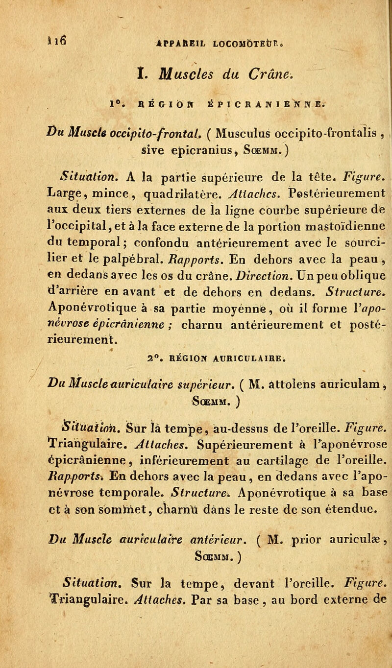 *ï6 APPAHEIL LOCOMÔTEbPo I. Muscles du Crâne. l**. HGGibir liPICRANIENNE. Bu Muscle occipito-frontaL ( Musculus occipito-frontaîis , sive epicranius, Scemm.) Situation. A la partie supérieure de la tôle. Figure. Large, mince , quadrilatère. y^ffac/jc5. JPestérieurement aux deux tiers externes de la ligne courbe supérieure de l'occipital, et à la face externe de la portion mastoïdienne du temporal; confondu antérieurement avec le sourci- ller et le palpébral. Rapports. En dehors avec la peau , en dedans avec les os du crâne. Direction. Un peu oblique d'arrière en avant et de dehors en dedans. Structure. Aponévrotique à sa partie moyenne, où il forme Vapo- nèvrose épicrânienne ; charnu antérieurement et posté- rieurement. 2. RÉGION AURICULAIHE. Du Muscle auriculaire supérieur. ( M. âttoiehs auriculam^ ■SOEMM. ) Situation. Sûr là tempe, au-dessus de l'oreille. Figuré. ^Triangulaire. Attaches. Supérieurement à l'aponévrose épicrânienne, inférieurement au cartilage de l'oreille. Rapports:. En dehors avec la peau, en dedans avec l'apo- névrose temporale. Structure. Aponévrotique à sa base et à son somhiet, charn'û dans le reste de son étendue. Du Muscle auriculaire antérieur. ( M. prior auriculae, SOBMM. ) Situation. Sur la tempe, devant l'oreille. Figure. Triangulaire. Attaches. Par sa base, au bord externe de