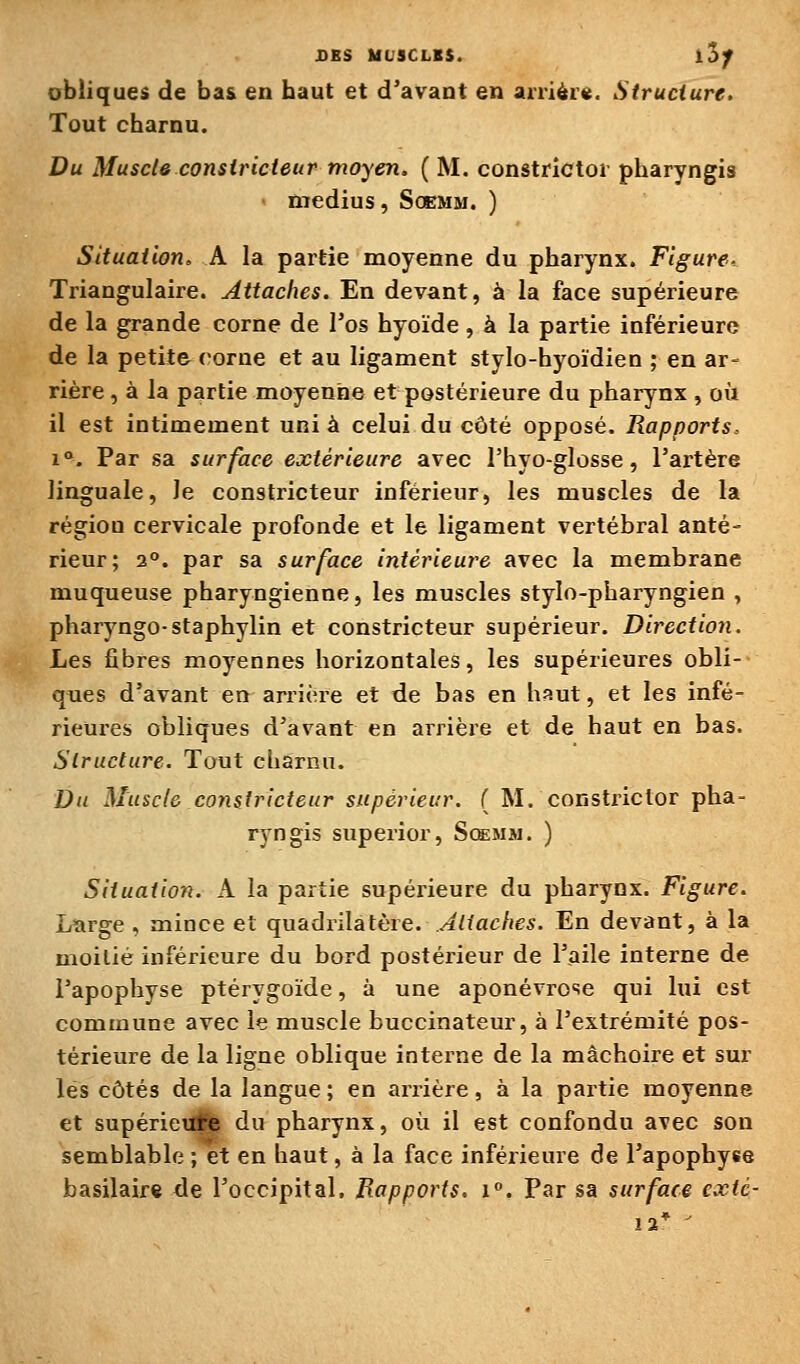 JDBS ML'SCLBS. l5/ obliques de bas en haut et d'avant en anièr*. Structure. Tout charnu. Du Muscle constricteur moyen. ( M. constrictor pharyngis - médius, Soemm. ) Situation. A la partie moyenne du pharynx. Figure- Triangulaire. Attaches. En devant, à la face supérieure de la grande corne de l'os hyoïde, à la partie inférieure de la petite corne et au ligament stylo-hyoïdien ; en ar- rière , à la partie moyenne et postérieure du pharynx , où il est intimement uni à celui du côté opposé. Rapports. 1°. Par sa surface extérieure avec l'hyo-glosse, l'artère linguale, le constricteur inférieur, les muscles de la région cervicale profonde et le ligament vertébral anté- rieur; 2. par sa surface intérieure avec la membrane muqueuse pharyngienne, les muscles stylo-pharyngien , pharyngo-staphylin et constricteur supérieur. Direction. Les fibres moyennes horizontales, les supérieures obli- ques d'avant en arriére et de bas en h?iut, et les infé- rieures obliques d'avant en arrière et de haut en bas. Structure. Tout charnu. Du Muscle constricteur supérieur. ( M. constrictor pha- ryngis superior, Sœmm. ) Situaiio7i. A la partie supérieure du pharynx. Figure. Lïirge , mince et quadrilatère. Aiiaches. En devant, à la moitié inférieure du bord postérieur de l'aile interne de l'apophyse ptérygoïde, à une aponévrose qui lui est commune avec le muscle buccinateur, à l'extrémité pos- térieure de la ligne oblique interne de la mâchoire et sur les côtés de la langue ; en arrière, à la partie moyenne et supérieu^ du pharynx, où il est confondu avec son semblable ; et en haut, à la face inférieure de l'apophyse basilair« de l'occipital. Rapports. i°. Par sa surface cxté- 12* -