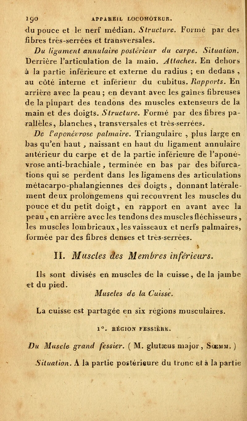 <iu pouce et le nerf médian. Structure. Foiiné par des fibres très-serrées et transversales. Du ligament annulaire postérieur du carpe. Situation. Derrière l'articulation de la main. Attaches. En dehors à la partie inférieure et externe du radius ; en dedans , au côté interne et inférieur du cubitus. Rapports. En arrière avec la peau ; en devant avec les gaines fibreuses de la plupart des tendons des muscles extenseurs de la main et des doigts. Structure. Formé par des fibres pa- rallèles, blanches, transversales et très-serrées. De l'aponévrose palmaire. Triangulaire , plus large en bas qu'en haut, naissant en haut du ligament annulaire antérieur du carpe et de la partie inférieure dé l'aponé' vrose anti-brachiale, terminée en bas par des bifurcar- tions qui se perdent dans les ligamens des articulations métacarpo-phalangiennes des doigts , donnant latérale- ment deux prolongemens qui recouvrent les muscles du pouce et du petit doigt, en rapport en avant avec la peau , en arrière avec les tendons des muscles fléchisseurs , les muscles lombricaux, les vaisseaux et nerfs palmaires, formée par des fibres denses et très-serrées. > II. Muscles des Membres inférieai^s. Ils sont divisés en muscles de la cuisse, de la jambe €t du pied. Muscles de la Cuisse. La cuisse est partagée en six régions musculaires. 1°. BÉGION FESSÎÈRK. Du Muscle grand fessier. ( M. glutseus major, Scemm. ) Situation. A la partie postérieure du tronc et à la partie