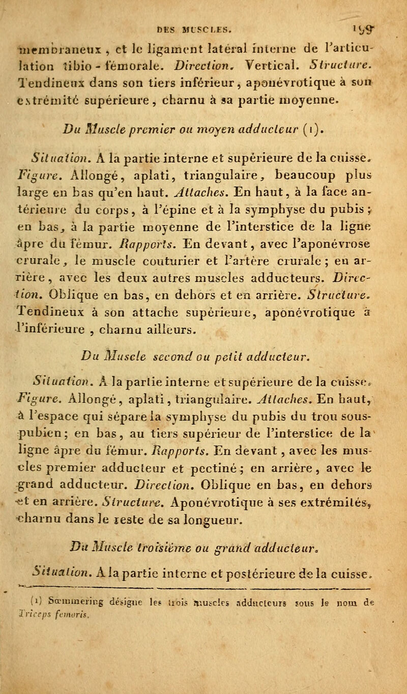 DliS MLSCI-ES. Hj^ îiicmbianeux , et le ligament latéral interne de Tarticu- lation tibio - fémorale. Direction. Vertical. Structure. Tendineux dans son tiers inférieur, aponévrotique à son extrémité supérieure, charnu à sa partie moyenne. Du Muscle premier ou moyen adducleur (i). Siluation. A la partie interne et supérieure de la cuisse. Figure. Allongé, aplati, triangulaire, beaucoup plus large en bas qu'en haut. Attaches. En haut, à la face an- térieme du corps, à l'épine et à la symphyse du pubis ; en baSj à la partie moyenne de l'interstice de la ligne âpre du fémur. Rappcrls. En devant, avec l'aponévrose crurale, le muscle couturier et l'artère crurale ; eu ar- rière, avec les deux autres muscles adducteurs. Direc- tion. Oblique en bas, en dehors et en arrière. Structure. Tendineux à son attache supérieure, aponévrotique à l'inférieure , charnu ailleurs. Du Muscle second Gu petit adducteur. Situation. A la partie interne etsupérieure de la cuisse. Figure. Allongé, aplati, triangulaire. Attaches. En haut, à l'espace qui sépare la symphyse du pubis du trou sous- pubien; en bas, au tiers supérieur de l'interstice de la- ligne âpre du fémur. Rapports. En devant, avec les mus- cles premier adducleur et pectine; en arrière, avec le grand adducteur. Direction. Oblique en bas, en dehors ■^X. en arrière. Structura. Aponévrotique à ses extrémités, ■charnu dans le leste de sa longueur. Du Muscle troisième ou grand adducteur^ Situation. A la partie interne et postérieure de la cuisse. (i) Sœiumering désigne lef liois muscles addiiclcurs sous h nom de Irîceps fcmoris.