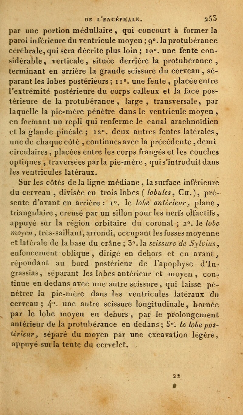 DE l'bjncéphale. a55 par une portion médullaire, qui concourt à former la paroi inférieure du ventricule moyen ; 9°. la protubérance cérébrale, qui sera décrite plus loin; 10°. une fente con- sidérable, verticale, située derrière la protubérance, terminant en arrière la grande scissure du cerveau, sé- parant les lobes postérieurs ; 11°. une fente , placée entre l'extrémité postérieure du corps calleux et la face pos- térieure de la protubérance , large , transversale, par laquelle la pie-mère pénètre dans le ventricule moyen , en formant un repli qui renferme le canal arachnoïdien et la glande pinéale ; 12. deux atitres fentes latérales, une de chaque côté , continues avec la précédente , demi circulaires , placées entre les corps frangés et les couches optiques , traversées parla pie-mère, qui s'introduit dans les ventricules latéraux. Sur les côtés delà ligne médiane , la surface inférieure du cerveau , divisée en trois lobes ( lobules^ Ch.), pré- sente d'avant en arrière: 1°. le lobe antérieur, plane, triangulaire, creusé par un sillon pour les nerfs olfactifs, appuyé sur la région orbitaire du coronal ; 2. le lobe moyen, très-saillant, arrondi, occupant les fosses moyenne et latérale de la base du crâne ; 5. la scissure de Sylvius, enfoncement oblique, dirigé en dehors et en avant^ répondant au bord postérieur de l'apophyse d'In- grassias, séparant les lobes antérieur et moyen, con- tinue en dedans avec une autre scissure, qui laisse pé- nétrer la pie-mère dans les ventricules latéraux du cerveau; 4°. une autre scissure longitudinale, bornée par le lobe moyen en dehors , par le pi^olongement antérieur de la protubérance en dedans ; 5°. te lobe pas- iérieur, séparé du moyen par une excavation légère, appuyé sur la tente du cervelet.