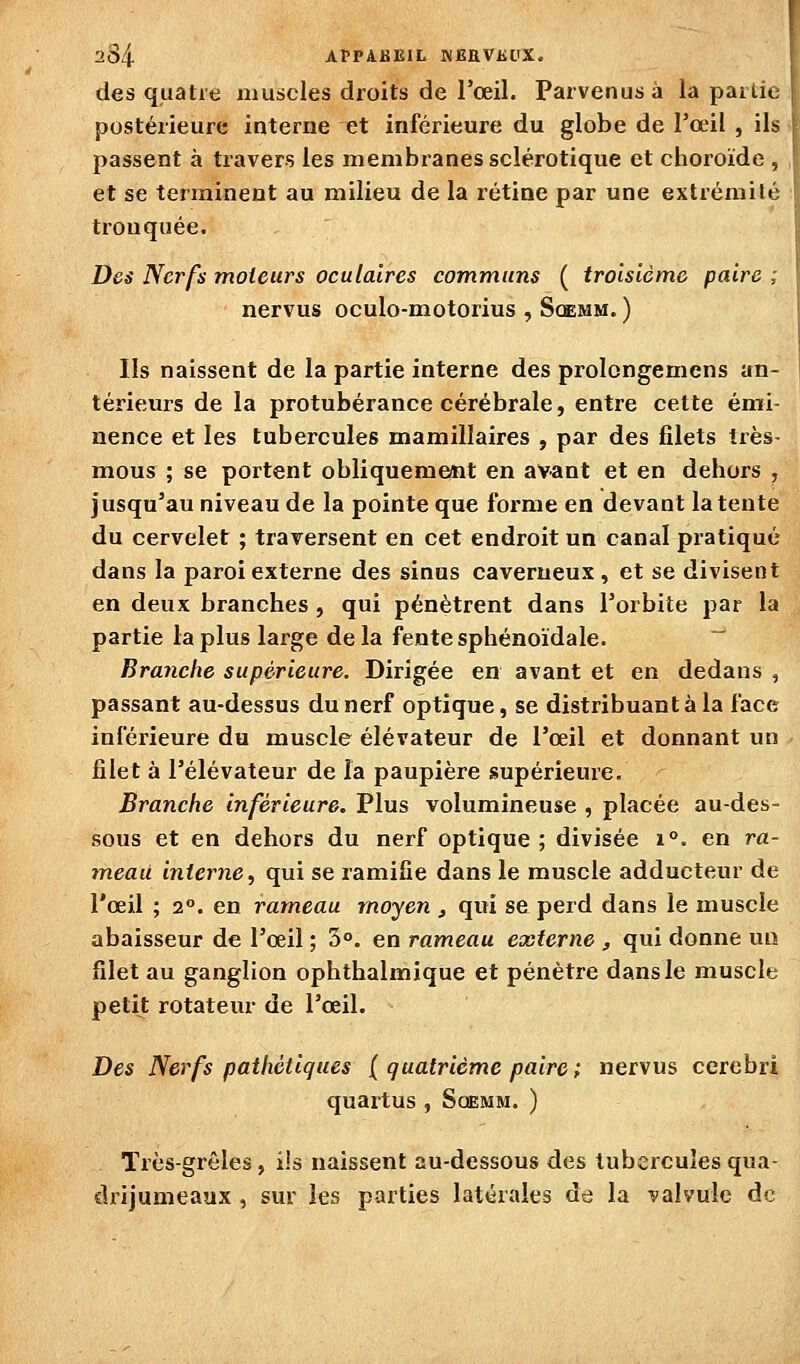 234 APPAKEIL MEHVKt'X. des quatre muscles droits de l'œil. Parvenus à la pauu; postérieure interne et inférieure du globe de l'œil , ils. passent à travers les membranes sclérotique et choroïde , et se terminent au milieu de la rétine par une extrémité tronquée. -^ Des Nerfs moteurs oculaires communs ( troisième paire ; nervus oculo-motorius , Soëmm. ) Ils naissent de la partie interne des prolongemens an- térieurs de la protubérance cérébrale, entre cette émi- nence et les tubercules mamillaires , par des filets très- mous ; se portent obliquement en avant et en dehors , jusqu'au niveau de la pointe que forme en devant latente du cervelet ; traversent en cet endroit un canal pratiqué dans la paroi externe des sinus caverneux , et se divisent en deux branches , qui pénètrent dans l'orbite par la partie la plus large de la fente sphénoïdale. Branche supérieure. Dirigée en avant et en dedans , passant au-dessus du nerf optique, se distribuante la face inférieure du muscle élévateur de l'œil et donnant un filet à l'élévateur de la paupière supérieure. Branche inférieure. Plus volumineuse , placée au-des- sous et en dehors du nerf optique; divisée i°. en ra- meau interne^ qui se ramifie dans le muscle adducteur de l'œil ; 2°. en rameau moyen , qui se perd dans le muscle abaisseur de l'œil ; 5°. en rameau externe , qui donne uq filet au ganglion ophthalmique et pénètre dans le muscle petit rotateur de l'œil. Des Nerfs pathétiques (quatrième paire; nervus cercbri quartus , Sqemm. ) Très-grêles, ils naissent au-dessous des tubercules qua- drijumeaux , sur les parties latérales de la valvule de