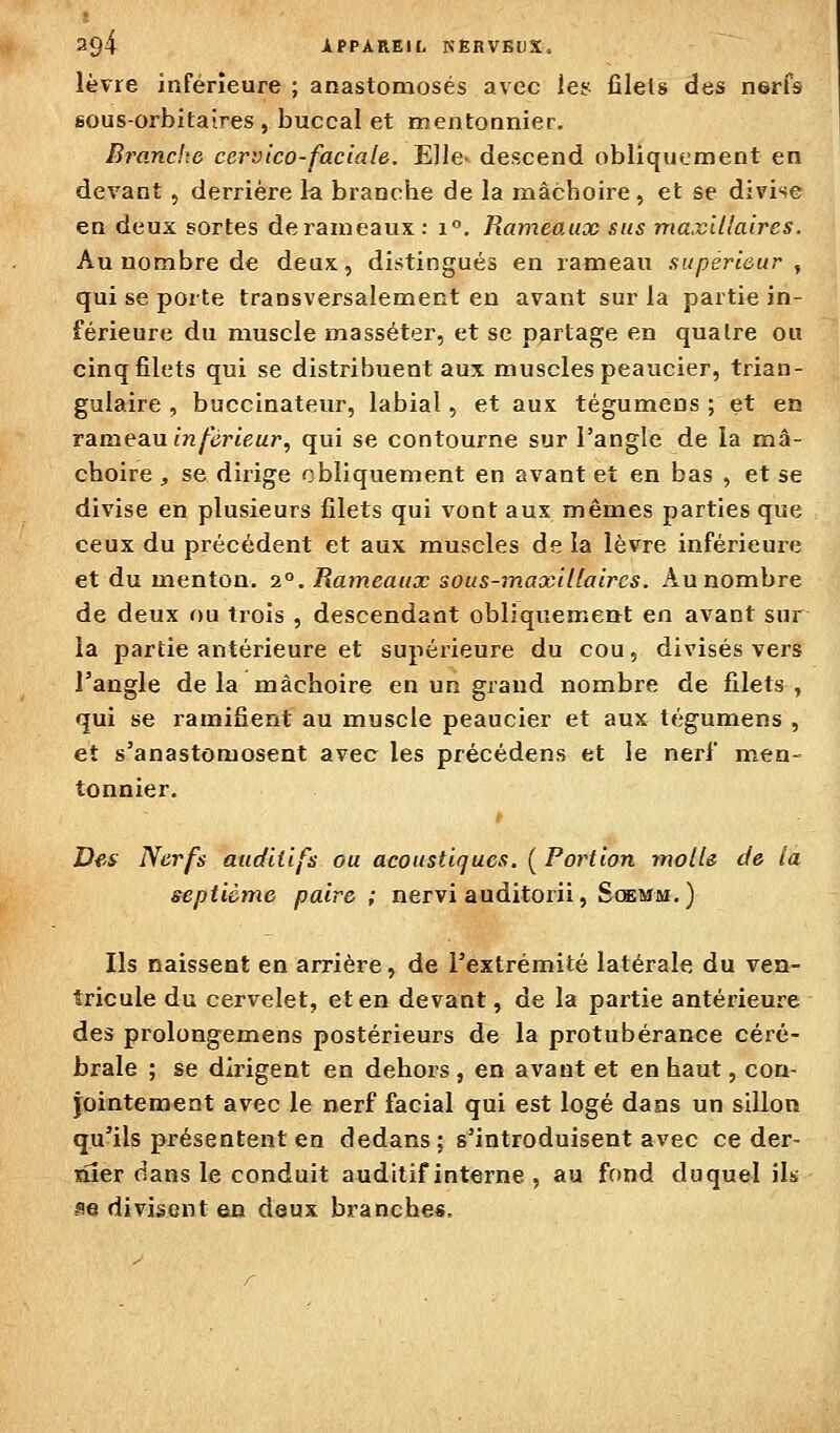 lèvre Inférieure ; anastomosés avec le? filets des nerfs gous-orbitaires , buccal et mentoonier. Branche cervico-faciale. Elle> descend obliquement en devant, derrière la branche de la mâchoire , et se divise en deux sortes de rameaux: i. Rameaux sus maxillaires. Au nombre de deux, distingués en rameau supérieur ^ qui se porte transversalement en avant sur la partie in- férieure du muscle masséter, et se partage en quatre ou cinq filets qui se distribuent aux muscles peaucier, trian- gulaire , buccinateur, labial, et aux tégumens ; et en rameau in férieur, qui se contourne sur l'angle de la mâ- choire , se dirige obliquement en avant et en bas , et se divise en plusieurs filets qui vont aux mêmes parties que ceux du précédent et aux muscles de la lèvre inférieure et du menton. 2°. Rameaux sous-maxillaires. Au nombre de deux ou trois , descendant obliquemertt en avant sur la partie antérieure et supérieure du cou, divisés vers l'angle de la mâchoire en un grand nombre de filets , qui se ramifient au muscle peaucier et aux tégumens , et s'anastomosent avec les précédens et le nerf men- tonnier. Des: Nerfs auditifs ou acoustiques. ( Portion molle de la septième paire; nervi auditorii, Soemm. ) Ils naissent en arrière, de l'extrémité latérale du ven- tricule du cervelet, et en devant, de la partie antérieure des prolongemens postérieurs de la protubérance céré- brale ; se dirigent en dehors , en avant et en haut, con- jointement avec le nerf facial qui est logé dans un sillon qu'ils présentent en dedans; s'introduisent avec ce der- nier dans le conduit auditif interne , au fond duquel ils se divisent en deux branche*.