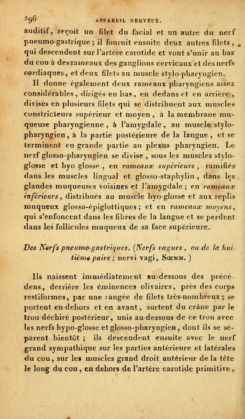 auditif, reçoit un filet du facial et un autre du nerf pneumogastrique ; il fournit ensuite deUx autres filets , , qui descendent sur l'artère carotide et vont s'unir au bas du cou à des rameaux des ganglions cervicaux et des nerfs cardiaques, et deux filets au muscle stylo-pharyngien. Il donne également deux rameaux pharyngiens assez considérables, dirigés en bas, en dedans et en arrière , divisés en plusieurs filets qui se distribuent aux muscles constricteurs supérieur et moyen, à la membrane mu- queuse pharyngienne , à l'amygdale, au muscle stylo- pharyngien , à la partie postérieure de la langue , et se terminent en grande partie au plexus pharyngien. Le nerf glosso-pharyngien se divise , sous les muscles stylo- glosse et hyo glosse , en rameaux supérieurs, ramifiés dans les muscles lingual et glosso-staphylin , dans les glandes muqueuses voisines et l'amygdale ; en rumeaujc inférieurs^ distribués au muscle hyoglosse et aux replis muqueux glosso-épiglottiques ; et en rameaux moyens, qui s'enfoncent dans les fibres de la langue et se perdent dans les follicules muqueux de sa face supérieure. Des Nerfs pneumo-gastriques. {Nerfs vagues, ou de la hai- iièma paire ; nervi vagi, Sqemm. ) lis naissent immédiatement au-dessous des précé- dens, derrière les éminences olivaires, près des corps restiformes, par une rangée de filets très-nombreux; se portent en-dehors et en avant, sortent du crâne par le trou déchiré postérieur, unis au dessous de ce trou avec les nerfs hypo-glosse et glosso-pharyngiea, dont ils se sé- parent bientôt ; ils descendent ensuite avec le nerf grand sympathique sur les parties antérieure et latérales du cou, sur les muscles grand droit antérieur de la tête Je long du cou, en dehors de l'artère carotide primitive.