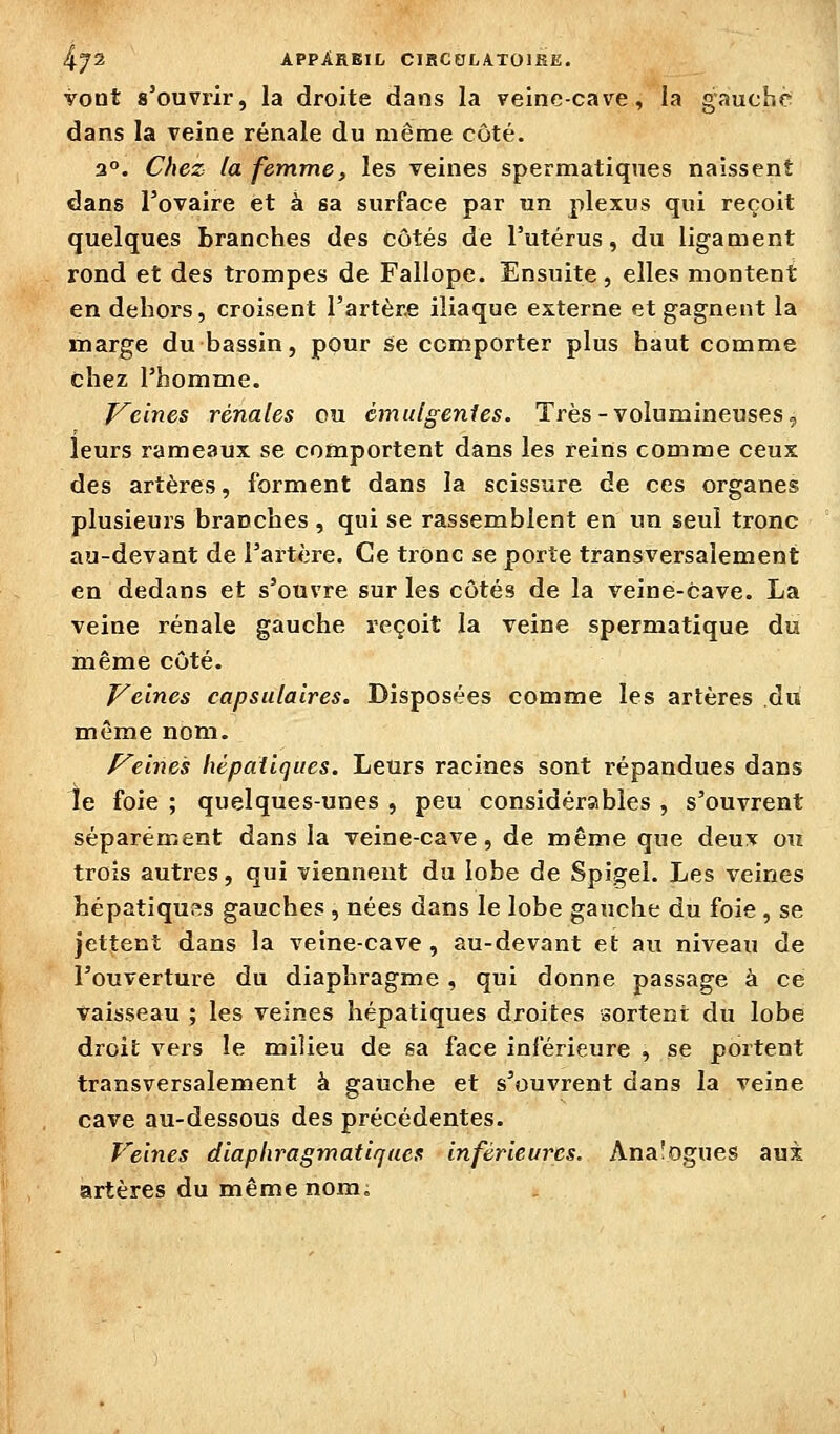 vont s'ouvrir, la droite dans la veine-cave, la gauche dans la veine rénale du même côté. 3°. Chez la femme, les veines spermatiques naissent dans l'ovaire et à sa surface par un plexus qui reçoit quelques branches des côtés de l'utérus, du ligament rond et des trompes de Fallope. Ensuite, elles montent en dehors, croisent l'artère iliaque externe et gagnent la marge du bassin, pour se comporter plus haut comme chez l'homme. J^cines rénales ou émulgenîes. Très-volumineuses, leurs rameaux se comportent dans les reins comme ceux des artères, forment dans la scissure de ces organes plusieurs branches , qui se rassemblent en un seul tronc au-devant de l'artère. Ce trône se porte transversalement en dedans et s'ouvre sur les côtés de la veine-cave. La veine rénale gauche reçoit la veine spermatique du même côté. Veines capsulaires. Disposées comme les artères du même nom. freines hépatiques. Leurs racines sont l'épandues dans le foie ; quelques-unes , peu considérables , s'ouvrent séparément dans la veine-cave, de même que deux ou trois autres, qui viennent du lobe de Spigel. Les veines hépatiques gauches , nées dans le lobe gauche du foie , se jettent dans la veine-cave, au-devant et au niveau de l'ouverture du diaphragme , qui donne passage à ce vaisseau ; les veines hépatiques droites sortent du lobe droit vers le milieu de sa face inférieure , se portent transversalement à gauche et s'ouvrent dans la veine cave au-dessous des précédentes. Veines diaphragmatiques inférieures. Analogues aui artères du même nom.