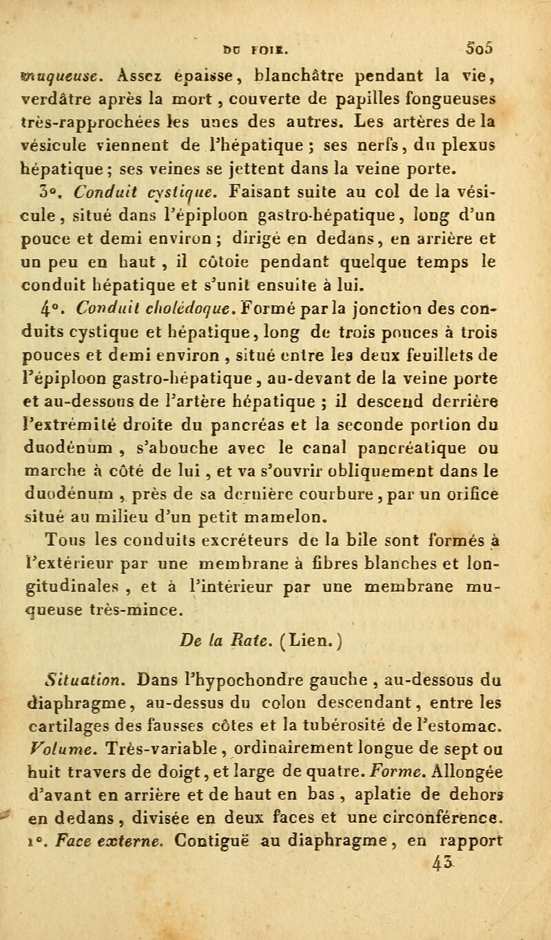 ï)0 FOIS. So5 muqueuse. Assez épaisse, blanchâtre pendant la vie, verdâtre après la mort, couverte de papilles fongueuses très-rapprochées les unes des autres. Les artères de la vésicule viennent de l'hépatique; ses nerfs, du plexus hépatique ; ses veines se jettent dans la veine porte. 5°. Conduit cysiiqne. Faisant suite au col de la vési- cule, situé dans l'épiploon gastro-hépatique, long d'un pouce et demi environ; dirigé en dedans, en arrière et un peu en haut , il côtoie pendant quelque temps le conduit hépatique et s'unit ensuite à lui. 4°. Conduit cholédoque. Formé parla jonction des con- duits cystique et hépatique, long de trois pouces à trois pouces et demi environ , situé entre les deux feuillets de l'épiploon gastro-hépatique, au-devant de la veine porte et au-dessous de l'artère hépatique ; il descend derrière l'extrémité droite du pancréas et la seconde portion du duodénum , s'abouche avec le canal pancréatique ou marche à côté de lui, et va s'ouvrir obliquement dans le duodénum , près de sa dernière courbure, par un orifice situé au milieu d'un petit mamelon. Tous les conduits excréteurs de la bile sont formés à l'extérieur par une membrane à fibres blanches et lon- gitudinales , et à l'intérieur par une membrane mu- queuse très-mince. De la Rate. (Lien.) Situation. Dans l'hypochondre gauche , au-dessous du diaphragme, au-dessus du colon descendant, entre les cartilages des fausses côtes et la tubérosité de l'estomac. Volume. Très-variable , ordinairement longue de sept ou huit travers de doigt, et large de quatre. Forme. Allongée d'avant en arrière et de haut en bas , aplatie de dehors en dedans, divisée en deux faces et une circonférence. i. Face externe. Contiguë au diaphragme, en rapport 45.