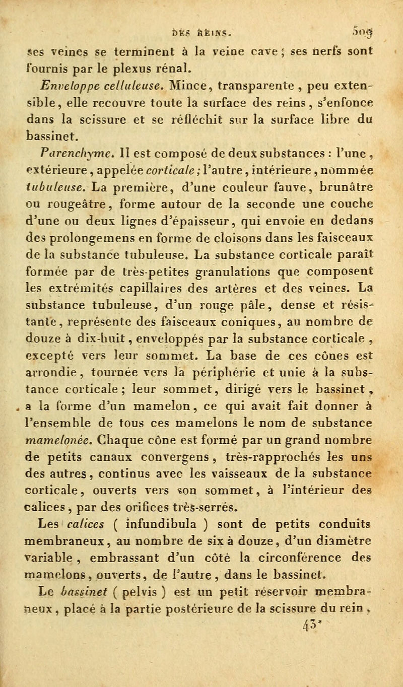 DES ÎIÈIN?, .ÎO^ ses veines se terminent à la veine cave ; ses nerfs sont fournis par le plexus rénal. Enveloppe celluleuse. Mince, transparente , peu exten- sible , elle recouvre toute la surface des reins, s'enfonce dans la scissure et se réfléchit sur la surface libre du bassinet. Parenchyme. 11 est composé de deux substances : l'une , extérieure, appelée corticale ; l'autre, intérieure, nommée tubuleuse. La première, d'une couleur fauve, brunâtre ou rougeâtre, forme autour de la seconde une couche d'une ou deux lignes d'épaisseur, qui envoie en dedans des prolongemens en forme de cloisons dans les faisceaux de la substance tubuleuse. La substance corticale paraît formée par de très-petites granulations que composent les extrémités capillaires des artères et des veines. La substance tubuleuse, d'un rouge pâle, dense et résis- tante, représente des faisceaux coniques, au nombre de douze à dix-huit, enveloppés par la substance corticale , excepté vers leur sommet. La base de ces cônes est arrondie, tournée vers la périphérie et unie à la subs- tance corticale; leur sommet, dirigé vers le bassinet, . a la forme d'un mamelon, ce qui avait fait donner à l'ensemble de tous ces mamelons le nom de substance mamelonée. Chaque cône est formé par un grand nombre de petits canaux convergens , très-rapprochés les uns des autres, continus avec les vaisseaux de la substance corticale, ouverts vers «on sommet, à l'intérieur des calices, par des orifices très-serrés. Les calices ( infundibula ) sont de petits conduits membraneux, au nombre de six à douze, d'un diamètre Variable, embrassant d'un côté la circonférence des mamelons, ouverts, de l'autre, dans le bassinet. Le bassinet ( pelvis ) est un petit réservoir membra- neux , placé à la partie postérieure de la scissure du rein » 43'