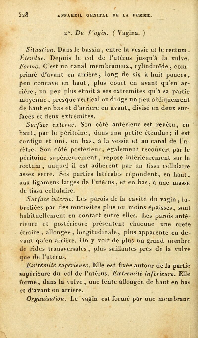 2°. Du Vagin. ( Vagina. ) Situation. Dans le bassin, entre la vessie et le rectum. Etendue. Depuis le col de l'utérus jusqu'à la vulve. Forme. C'est un canal membraneux, cylindroïde, com- primé d'avant en arrière, long de six à huit pouces» peu concave en haut, plus court en avant qu'en ar- rière, un peu plus étroit à ses extrémités qu'à sa partie moyenne , presque vertical ou dirigé un peu obliquement de haut en bas et d'arrière en avant, divisé en deux sur- faces et deux extrémités. Surface externe. Son côté antérieur est revêtu, en haut, par le péritoine, dans une petite étendue; il est contigu et uni, en bas, à la vessie et au canal de l'u- rètre. Son côté postérieur, également recouvert par le péritoine supérieurement, repose inférieurement sur le rectum , auquel il est adhérent par un tissu cellulaire assez serré. Ses parties latérales répondent, en haut, aux ligamens larges de l'utérus, et en bas, à une masse de tissu cellulaire. Surface interne. Les parois de la cavité du vagin, lu- bréSées par des mucosités plus ou moins épaisses, sont habituellement en contact entre elles. Les parois anté- rieure et postérieure présentent chacune une crête étroite, allongée, longitudinale, plus apparente en de- vant qu'en ari'ière. On y voit de plus un grand nombre de rides transversales, plus saillantes près de la vulve que de l'utérus. Extrémité supérieure. Elle est fixée autour de la partie supérieure du col de l'utérus. Extrémité inférieure. Elle forme, dans la vulve , une fente allongée de haut en bas et d'avant en arrière. Organisation. Le vagin est formé par une membrane