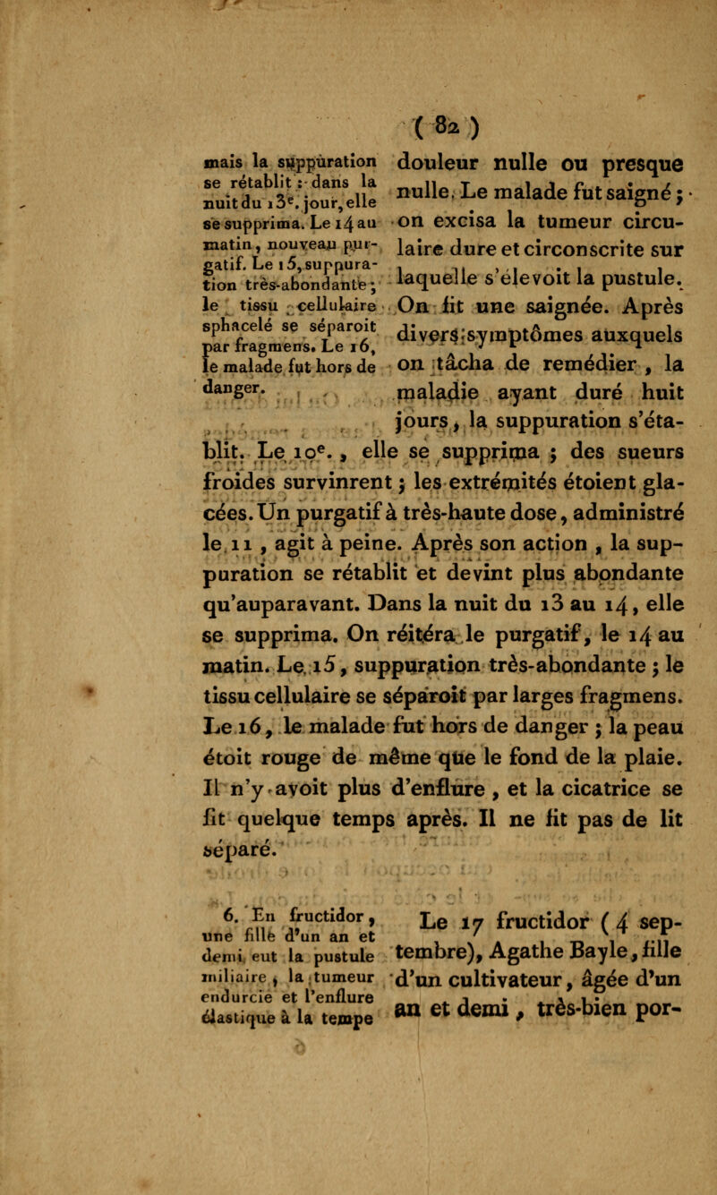 (8^) mais la suppuration douleur nulle OU presque ^uSS::ill: -«-• ^e naïade fiat saigné ; 8e supprima. Le i4 au on excisa la tumeur circu- matin, nouveau p,ui- laîre dure et circonscrite sur gatif. Le 15,suppura- , ,, , ,, . , , îion très-abondante; laquelle S elevoit la pustule, le tissu-cellulaire On lit une saignée. Après sphacelé se se>aroit diverâ:syinptômes auxquels par iragraens. Le i6, a le malade fm hor^ de OU tâcha de remédier , la danger. maladie ayant duré huit ,, ^ joursj la suppuration s'éta- tlit. Le 10^., elle se suppriqja ; des sueurs froides survinrent j les extrémités étoient gla- cées. Un purgatif à très-haute dose, administré le. 11 , agit à peine. Après son action , la sup- puration se rétablit et devint plus abondante qu'auparavant. Dans la nuit du i3 au 14» elle se supprima. On réitéra le purgatif, le 14 au matin. Le, i5, suppurjatîon très-abondante ; le tissu cellulaire se séparoît par larges fragmens. Le 16, le malade fut hors de danger j la peau étolt rouge de même que le fond de la plaie. Il n'y ayoit plus d'enflure , et la cicatrice se fit quelque temps après. Il ne lit pas de lit béparé. 6. En fructidor, L^ 17 fructidor ( 4 sep. une fillfe d'un an et , / * , ti i i-n demi eut la pustule tembre), Agathe J3ayle,lil]e miljairej la tumeur d'un Cultivateur, âgée d'un endurcie et l'enflure ^ j • ^ ^ i.* élastique à U tempe «» «^ ^^^ * très-bien por-