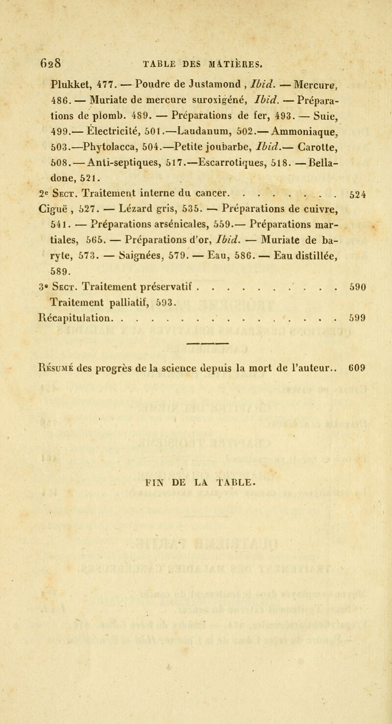 Pluliket, 477. — Poudre de Jiislamond , Ibid. — Mercure, 486. — Muriate de mercure suroxigéné, Ibid. — Prépara- tions de plomb. 489. — Préparations de ter, 493. — Suie, 499.— Électricité, 501,—Laudanum, 502,— Ammoniaque, 503.—Phytolacca, 504.—Petite joubarbe, Ibid.— Carotte, 508. — Anti-septiques, 517.—Escarrotiques, 518. —Bella- done, 521. 2e Sect. Traitement interne du cancer 524 Ciguë , 527. — Lézard gris, 535. — Préparations de cuivre, 541. — Préparations arsenicales, 559.— Préparations mar- tiales, 565. — Préparations d'or, Ibid. — Muriate de ba- ryte, 573. — Saignées, 579. — Eau, 586. — Eau distillée, 589. 3« Sect. Traitement préservatif 590 Traitement palliatif, 593. Récapitulation 599 RÉSUMÉ des progrès delà science depuis la mort de l'auteur.. 609 FIN DE LA TABLE.