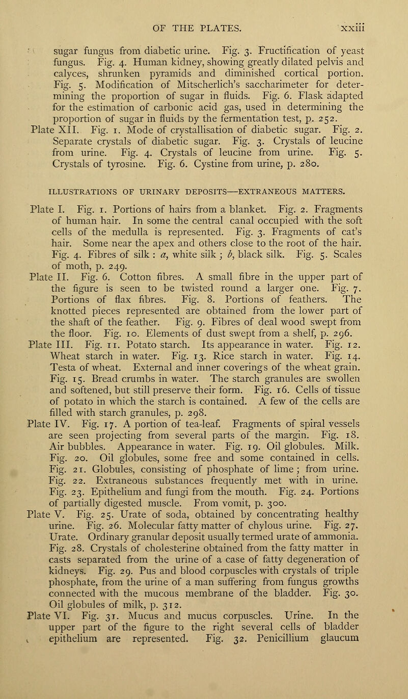sugar fungus from diabetic urine. Fig. 3. Fructification of yeast fungus. Fig. 4. Human kidney, showing greatly dilated pelvis and calyces, shrunken pyramids and diminished cortical portion. Fig. 5. Modification of Mitscherlich's saccharimeter for deter- mining the proportion of sugar in fluids. Fig. 6. Flask adapted for the estimation of carbonic acid gas, used in determining the proportion of sugar in fluids Dy the fermentation test, p. 252. Plate XII. Fig. 1. Mode of crystallisation of diabetic sugar. Fig. 2. Separate crystals of diabetic sugar. Fig. 3. Crystals of leucine from urine. Fig. 4. Crystals of leucine from urine. Fig. 5. Crystals of tyrosine. Fig. 6. Cystine from urine, p. 280. ILLUSTRATIONS OF URINARY DEPOSITS EXTRANEOUS MATTERS. Plate I. Fig. 1. Portions of hairs from a blanket. Fig. 2. Fragments of human hair. In some the central canal occupied with the soft cells of the medulla is represented. Fig. 3. Fragments of cat's hair. Some near the apex and others close to the root of the hair. Fig. 4. Fibres of silk : a, white silk ; b, black silk. Fig. 5. Scales of moth, p. 249. Plate II. Fig. 6. Cotton fibres. A small fibre in the upper part of the figure is seen to be twisted round a larger one. Fig. 7. Portions of flax fibres. Fig. 8. Portions of feathers. The knotted pieces represented are obtained from the lower part of the shaft of the feather. Fig. 9. Fibres of deal wood swept from the floor. Fig. 10. Elements of dust swept from a shelf, p. 296. Plate III. Fig. n. Potato starch. Its appearance in water. Fig. 12. Wheat starch in water. Fig. 13. Rice starch in water. Fig. 14. Testa of wheat. External and inner coverings of the wheat grain. Fig. 15. Bread crumbs in water. The starch granules are swollen and softened, but still preserve their form. Fig. 16. Cells of tissue of potato in which the starch is contained. A few of the cells are filled with starch granules, p. 298. Plate IV. Fig. 17. A portion of tea-leaf. Fragments of spiral vessels are seen projecting from several parts of the margin. Fig. 18. Air bubbles. Appearance in water. Fig. 19. Oil globules. Milk. Fig. 20. Oil globules, some free and some contained in cells. Fig. 21. Globules, consisting of phosphate of lime; from urine. Fig. 22. Extraneous substances frequently met with in urine. Fig. 23. Epithelium and fungi from the mouth. Fig. 24. Portions of partially digested muscle. From vomit, p. 300. Plate V. Fig. 25. Urate of soda, obtained by concentrating healthy urine. Fig. 26. Molecular fatty matter of chylous urine. Fig. 27. Urate. Ordinary granular deposit usually termed urate of ammonia. Fig. 28. Crystals of cholesterine obtained from the fatty matter in casts separated from the urine of a case of fatty degeneration of kidneys. Fig. 29. Pus and blood corpuscles with crystals of triple phosphate, from the urine of a man suffering from fungus growths connected with the mucous membrane of the bladder. Fig. 30. Oil globules of milk, p. 312. Plate VI. Fig. 31. Mucus and mucus corpuscles. Urine. In the upper part of the figure to the right several cells of bladder 1 epithelium are represented. Fig. 32. Penicillium glaucum