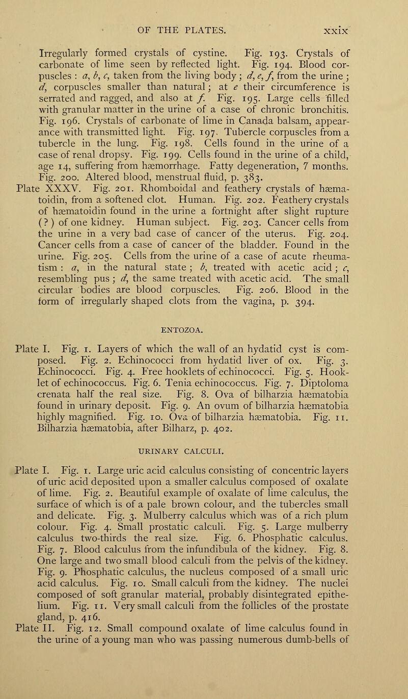 Irregularly formed crystals of cystine. Fig. 193. Crystals of carbonate of lime seen by reflected light. Fig. 194. Blood cor- puscles : a, b, c, taken from the living body; d, <?,/, from the urine ; d, corpuscles smaller than natural; at e their circumference is serrated and ragged, and also at f. Fig. 195. Large cells filled with granular matter in the urine of a case of chronic bronchitis. Fig. 196. Crystals of carbonate of lime in Canada balsam, appear- ance with transmitted light. Fig. 197. Tubercle corpuscles from a tubercle in the lung. Fig. 198. Cells found in the urine of a case of renal dropsy. Fig. 199. Cells found in the urine of a child, age 14, suffering from haemorrhage. Fatty degeneration, 7 months. Fig. 200. Altered blood, menstrual fluid, p. 383. Plate XXXV. Fig. 201. Rhomboidal and feathery crystals of haema- toidin, from a softened clot. Human. Fig. 202. Feathery crystals of haematoidin found in the urine a fortnight after slight rupture (? ) of one kidney. Human subject. Fig. 203. Cancer cells from the urine in a very bad case of cancer of the uterus. Fig. 204. Cancer cells from a case of cancer of the bladder. Found in the urine. Fig. 205. Cells from the urine of a case of acute rheuma- tism : a, in the natural state; b, treated with acetic acid; c, resembling pus ; d, the same treated with acetic acid. The small circular bodies are blood corpuscles. Fig. 206. Blood in the form of irregularly shaped clots from the vagina, p. 394. Plate I. Fig. 1. Layers of which the wall of an hydatid cyst is com- posed. Fig. 2. Echinococci from hydatid liver of ox. Fig. 3. Echinococci. Fig. 4. Free hooklets of echinococci. Fig. 5. Hook- let of echinococcus. Fig. 6. Tenia echinococcus. Fig. 7. Diptoloma crenata half the real size. Fig. 8. Ova of bilharzia haematobia found in urinary deposit. Fig. 9. An ovum of bilharzia haematobia highly magnified. Fig. 10. Ova of bilharzia haematobia. Fig. n. Bilharzia hsematobia, after Bilharz, p. 402. URINARY CALCULI. Plate I. Fig. 1. Large uric acid calculus consisting of concentric layers of uric acid deposited upon a smaller calculus composed of oxalate of lime. Fig. 2. Beautiful example of oxalate of lime calculus, the surface of which is of a pale brown colour, and the tubercles small and delicate. Fig. 3. Mulberry calculus which was of a rich plum colour. Fig. 4. Small prostatic calculi. Fig. 5. Large mulberry calculus two-thirds the real size. Fig. 6. Phosphatic calculus. Fig. 7. Blood calculus from the infundibula of the kidney. Fig. 8. One large and two small blood calculi from the pelvis of the kidney. Fig. 9. Phosphatic calculus, the nucleus composed of a small uric acid calculus. Fig. 10. Small calculi from the kidney. The nuclei composed of soft granular material, probably disintegrated epithe- lium. Fig. 11. Very small calculi from the follicles of the prostate gland, p. 416. Plate II. Fig. 12. Small compound oxalate of lime calculus found in the urine of a young man who was passing numerous dumb-bells of