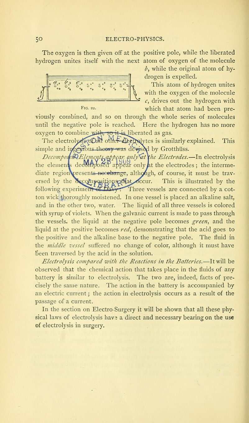 Fig. 22. The oxygen is then given off at the positive pole, while the liberated hydrogen unites itself with the next atom of oxygen of the molecule b, while the original atom of hy- drogen is expelled. This atom of hydrogen unites with the oxygen of the molecule c^ drives out the hydrogen with which that atom had been pre- viously combined, and so on through the whole series of molecules until the negative pole is reached. Here the hydrogen has no more oxygen to combine;aat4», &o it4shberated as gas. The electrolvi^rfl^Oart otlTeT-aJlfee^J^^ytes is similarly explained. This simple and infg^^ous-tli©©(i£5i!>*w'as de*«s6d by Grotthiiss. Decompo^S^Elejneni^q^pmr anly'^t\he Electrodes.—In electrolysis the element decslwpo^a appear only at the electrodes ; the interme- diate region^resents-»e>>^Kmge, although, of course, it must be trav- ersed by the c^cq^iwQsitionsptlia^X^cur. This is illustrated by the following experin-ietfr«e*Jja*^rr''j^hree vessels are connected by a cot- ton wick:|horoughly moistened. In one vessel is placed an alkaline salt, and in the other two, water. The liquid of all three vessels is colored with syrup of violets. When the galvanic current is made to pass through the vessels, the liquid at the negative pole becomes green, and the liquid at the positive becomes red, demonstrating that the acid goes to the positive and the alkaline base to the negative pole. The fluid in the middle vessel suffered no change of color, although it must have been traversed by the acid in the solution. Electrolysis compared with the Reactions iji the Batteries.—It will be observed that the chemical action that takes place in the fluids of any battery is similar to electrolysis. The two are, indeed, facts of pre- cisely the same nature. The action in the battery is accompanied by an electric current; the action in electrolysis occurs as a result of the passage of a current. In the section on Electro-Surgery it will be shown that all these phy- sical laws of electrolysis havs a direct and necessary bearing on the use of electrolysis in surgery.