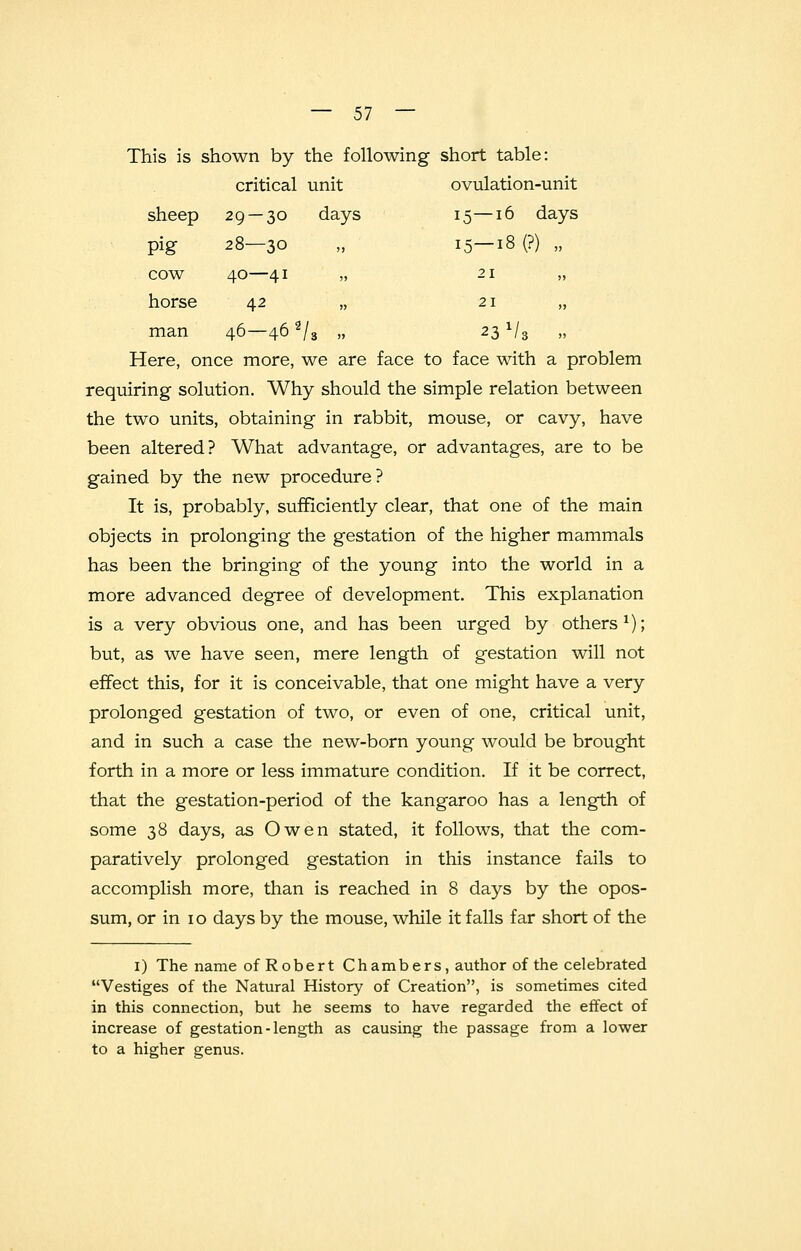 This is shown by- the following short table: critical unit ovulation-unit sheep 29-30 days 15—16 days Pig 28—30 >> 15-18 (?) „ cow 40—41 >> 21 horse 42 )> 21 man 46—46 2/3 » 23 v3 » Here, once more, we are face to face with a problem requiring solution. Why should the simple relation between the two units, obtaining in rabbit, mouse, or cavy, have been altered? What advantage, or advantages, are to be gained by the new procedure? It is, probably, sufficiently clear, that one of the main objects in prolonging the gestation of the higher mammals has been the bringing of the young into the world in a more advanced degree of development. This explanation is a very obvious one, and has been urged by others1); but, as we have seen, mere length of gestation will not effect this, for it is conceivable, that one might have a very- prolonged gestation of two, or even of one, critical unit, and in such a case the new-born young would be brought forth in a more or less immature condition. If it be correct, that the gestation-period of the kangaroo has a length of some 38 days, as Owen stated, it follows, that the com- paratively prolonged gestation in this instance fails to accomplish more, than is reached in 8 days by the opos- sum, or in 10 days by the mouse, while it falls far short of the 1) The name of Robert Chambers, author of the celebrated Vestiges of the Natural History of Creation, is sometimes cited in this connection, but he seems to have regarded the effect of increase of gestation-length as causing the passage from a lower to a higher genus.