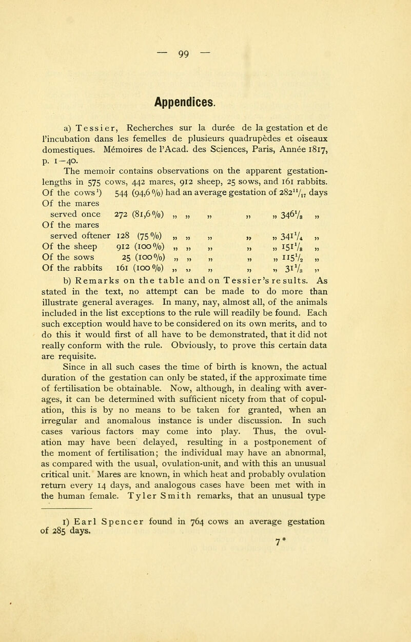 Appendices. a) Tessier, Recherches sur la duree de la gestation et de l'incubation dans les femelles de plusieurs quadrupedes et oiseaux domestiques. Memoires de l'Acad. des Sciences, Paris, Annee 1817, p. 1-40. The memoir contains observations on the apparent gestation- lengths in 575 cows, 442 mares, 912 sheep, 25 sows, and 161 rabbits. Of the cows1) 544 (94,60/0) had an average gestation of 282u/17 days Of the mares served once 272 (81,6 o/0) „ „ „ „ „ 346% „ Of the mares served oftener 128 (75%) „ „ „ „ „ 341V4 » Of the sheep 912 (100 0/0) „ „ „ „ „ 1511/8 „ Of the sows 25 (100 0/0) „ „ „ „ „ ii5V2 „ Of the rabbits 161 (100 %) „ „ „ „ „ 31 */„ „ b) Remarks on the table and on Tessier's results. As stated in the text, no attempt can be made to do more than illustrate general averages. In many, nay, almost all, of the animals included in the list exceptions to the rule will readily be found. Each such exception would have to be considered on its own merits, and to do this it would first of all have to be demonstrated, that it did not really conform with the rule. Obviously, to prove this certain data are requisite. Since in all such cases the time of birth is known, the actual duration of the gestation can only be stated, if the approximate time of fertilisation be obtainable. Now, although, in dealing with aver- ages, it can be determined with sufficient nicety from that of copul- ation, this is by no means to be taken for granted, when an irregular and anomalous instance is under discussion. In such cases various factors may come into play. Thus, the ovul- ation may have been delayed, resulting in a postponement of the moment of fertilisation; the individual may have an abnormal, as compared with the usual, ovulation-unit, and with this an unusual critical unit. Mares are known, in which heat and probably ovulation return every 14 days, and analogous cases have been met with in the human female. Tyler Smith remarks, that an unusual type 1) Earl Spencer found in 764 cows an average gestation of 285 days. 7*