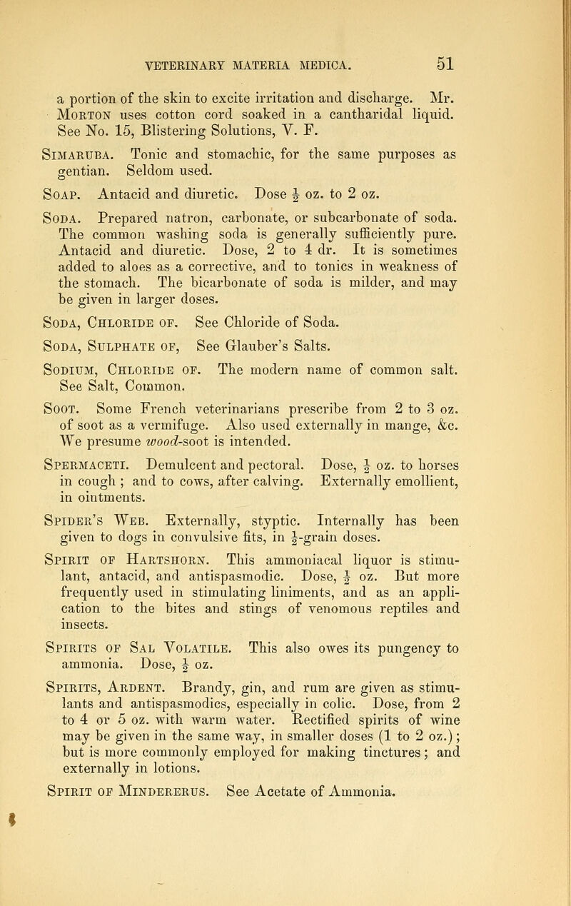 a portion of the skin to excite irritation and discharge. Mr. Morton uses cotton cord soaked in a cantharidal liquid. See No. 15, Blistering Solutions, V. F. SiMARUBA. Tonic and stomachic, for the same purposes as gentian. Seldom used. Soap. Antacid and diuretic. Dose ^ oz. to 2 oz. Soda. Prepared natron, carbonate, or subcarbonate of soda. The common washing soda is generally sufficiently pure. Antacid and diuretic. Dose, 2 to 4 dr. It is sometimes added to aloes as a corrective, and to tonics in weakness of the stomach. The bicarbonate of soda is milder, and may be given in larger doses. Soda, Chloride of. See Chloride of Soda. Soda, Sulphate of. See Glauber's Salts. Sodium, Chloride of. The modern name of common salt. See Salt, Common. Soot. Some French veterinarians prescribe from 2 to 3 oz. of soot as a vermifuge. Also used externally in mange, &c. We presume wood-soot is intended. Spermaceti. Demulcent and pectoral. Dose, J oz. to horses in cough ; and to cows, after calving. Externally emollient, in ointments. Spider's Web. Externally, styptic. Internally has been given to dogs in convulsive fits, in |^-grain doses. Spirit of Hartshorn. This ammoniacal liquor is stimu- lant, antacid, and antispasmodic. Dose, ^ oz. But more frequently used in stimulating liniments, and as an appli- cation to the bites and stings of venomous reptiles and insects. Spirits of Sal Volatile. This also owes its pungency to ammonia. Dose, | oz. Spirits, Ardent. Brandy, gin, and rum are given as stimu- lants and antispasmodics, especially in colic. Dose, from 2 to 4 or 5 oz. with warm water, Rectified spirits of wine may be given in the same way, in smaller doses (1 to 2 oz.); but is more commonly employed for making tinctures; and externally in lotions. Spirit of Mindererus. See Acetate of Ammonia.