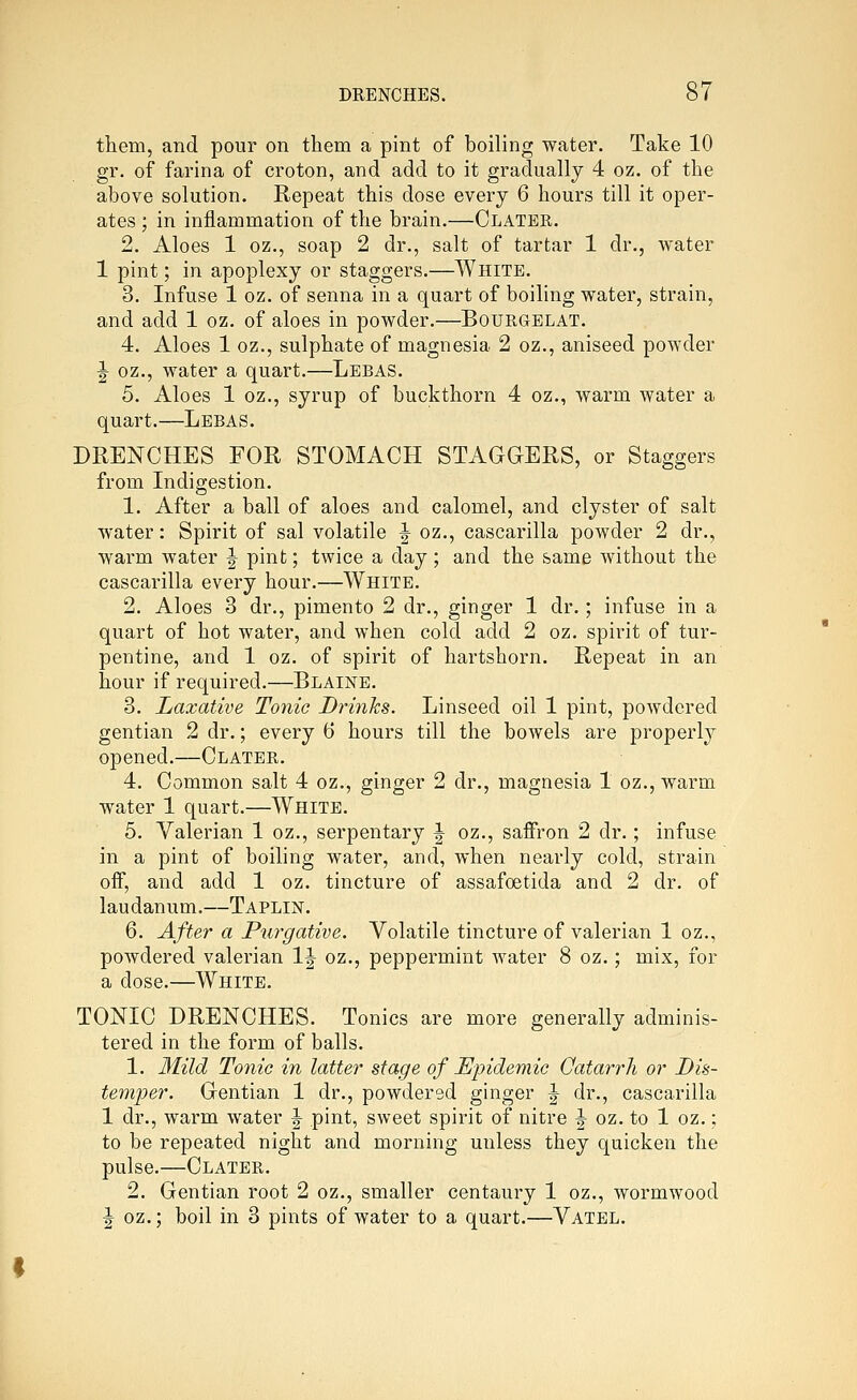 them, and pour on them a pint of boiling water. Take 10 gr. of farina of croton, and add to it gradually 4 oz. of the above solution. Repeat this dose every 6 hours till it oper- ates ; in inflammation of the brain.—Clater. 2. Aloes 1 oz., soap 2 dr., salt of tartar 1 dr., water 1 pint; in apoplexy or staggers.—White. 3. Infuse 1 oz. of senna in a quart of boiling water, strain, and add 1 oz. of aloes in powder.—Bourgelat. 4. Aloes 1 oz., sulphate of magnesia 2 oz., aniseed powder |- oz., water a quart.—Lebas. 5. Aloes 1 oz., syrup of buckthorn 4 oz., warm water a quart.—Lebas. DRENCHES FOR STOMACH STAGGERS, or Staggers from Indigestion. 1. After a ball of aloes and calomel, and clyster of salt water: Spirit of sal volatile |- oz., cascarilla powder 2 dr., warm water ^ pint; twice a day ; and the same without the cascarilla every hour.—White. 2. Aloes 3 dr., pimento 2 dr., ginger 1 dr.; infuse in a quart of hot water, and when cold add 2 oz. spirit of tur- pentine, and 1 oz. of spirit of hartshorn. Repeat in an hour if required.—Blaine. 3. Laxative Tonic Drinks. Linseed oil 1 pint, powdered gentian 2 dr.; every 6 hours till the bowels are properly opened.—Clater. 4. Common salt 4 oz., ginger 2 dr., magnesia 1 oz., warm water 1 quart.—White. 5. Valerian 1 oz., serpentary ^ oz., saffron 2 dr.; infuse in a pint of boiling water, and, when nearly cold, strain off, and add 1 oz. tincture of assafoetida and 2 dr. of laudanum.—Taplin. 6. After a Purgative. Volatile tincture of valerian 1 oz., powdered valerian 1^ oz., peppermint water 8 oz.; mix, for a dose.—White. TONIC DRENCHES. Tonics are more generally adminis- tered in the form of balls. 1. Mild Tonic in latter stage of Epidemic Catarrh or Dis- temper. Gentian 1 dr., powdered ginger |- dr., cascarilla 1 dr., warm water ^ pint, sweet spirit of nitre ^ oz. to 1 oz.; to be repeated night and morning unless they quicken the pulse.—Clater. 2. Gentian root 2 oz., smaller centaury 1 oz., wormwood ^ oz.; boil in 3 pints of water to a quart.—Vatel.