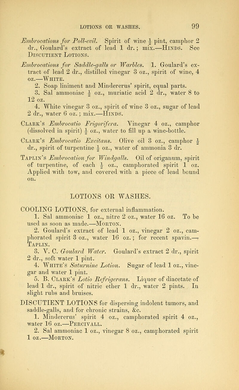 Embrocations for Poll-evil. Spirit of wine J pint, camphor 2 dr., Goulard's extract of lead 1 dr.; mix.—Hinds. See DiscuTiENT Lotions. Embrocations for Saddle-galls or Warbles. 1. Goulard's ex- tract of lead 2 dr., distilled vinegar 3 oz., spirit of wine, 4 oz.—White. 2. Soap liniment and Mindererus' spirit, equal parts. 3. Sal ammoniac J oz., muriatic acid 2 dr., water 8 to 12 oz. 4. White vinegar 3 oz., spirit of wine 3 oz., sugar of lead 2 dr., water 6 oz.; mix.—Hinds. Claek's Embrocatio Frigorifera. Vinegar 4 oz., camphor (dissolved in spirit) |- oz., water to fill up a wine-bottle. Clark's Embrocatio Excitans. Olive oil 3 oz., camphor J dr., spirit of turpentine |^ oz., water of ammonia 3 dr. TAFLm's Embrocation for Windgalls. Oil of origanum, spirit of turpentine, of each J oz., camphorated spirit 1 oz. Applied with tow, and covered with a piece of lead bound on. LOTIONS OR WASHES. COOLING LOTIONS, for external inflammation. . 1. Sal ammoniac 1 oz., nitre 2 oz., water 16 oz. To be used as soon as made.—Morton. 2. Goulard's extract of lead 1 oz., vinegar 2 oz., cam- phorated spirit 3 oz., water 16 oz.; for recent spavin.—r' Taplin. 3. V. C. Groulard Water. Goulard's extract 2 dr., spirit 2 dr., soft water 1 pint. 4. White's Saturnine Lotion. Sugar of lead 1 oz., vine- gar and water 1 pint. 5. B. Clark's Lotio Refrigerans. Liquor of diacetate of lead 1 dr., spirit of nitric ether 1 dr., water 2 pints. In slight rubs and bruises. DISCUTIENT LOTIONS for dispersing indolent tumors, and saddle-galls, and for chronic strains, &c. 1. Mindererus' spirit 4 oz., camphorated spirit 4 oz., water 16 oz.—Percivall. 2. Sal ammoniac 1 oz., vinegar 8 oz., camphorated spirit 1 oz.—Morton.