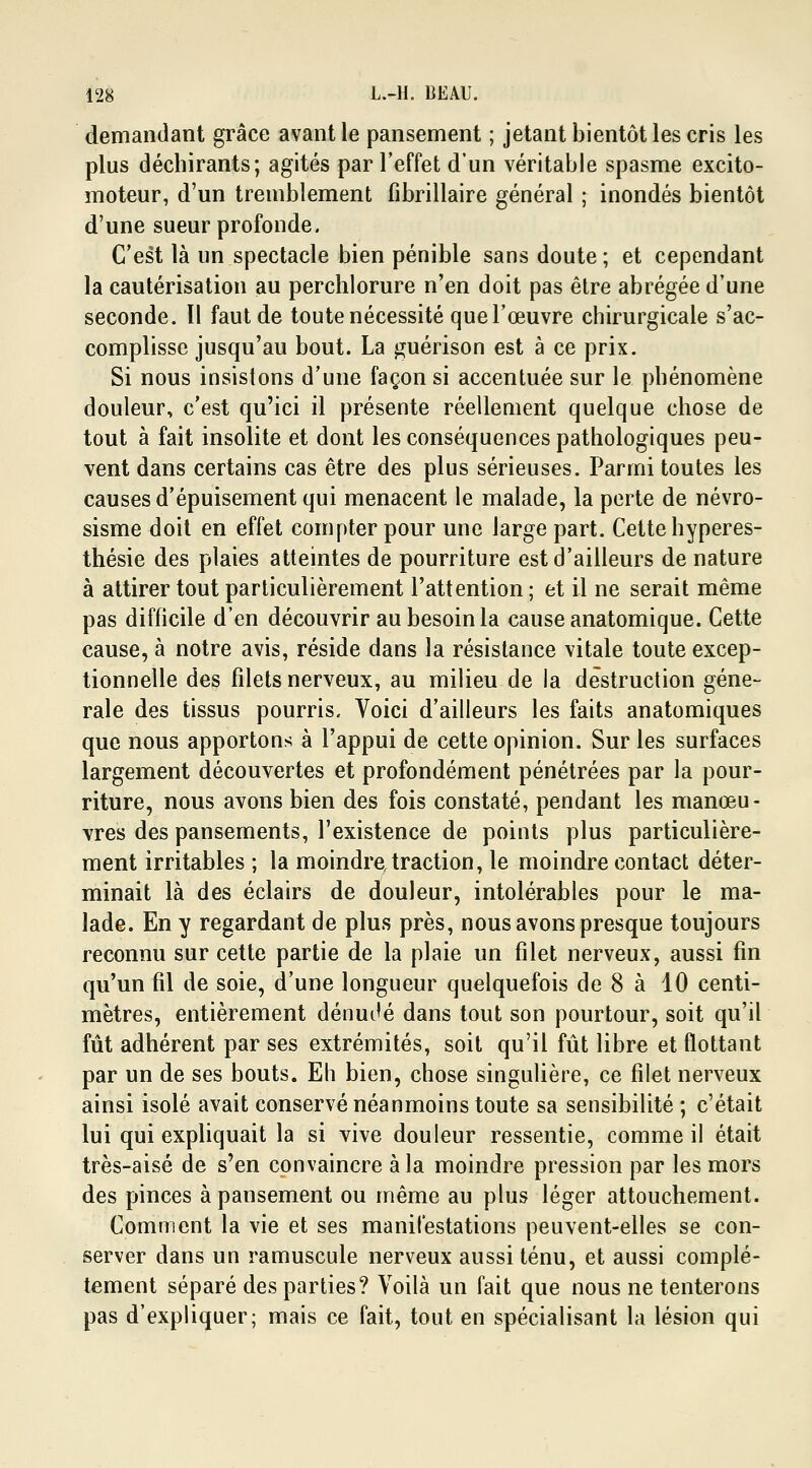 demandant grâce avant le pansement ; jetant bientôt les cris les plus déchirants; agités par l'effet d'un véritable spasme excito- moteur, d'un tremblement fibrillaire général ; inondés bientôt d'une sueur profonde. C'est là un spectacle bien pénible sans doute ; et cependant la cautérisation au perchlorure n'en doit pas être abrégée d'une seconde. Il faut de toute nécessité que l'œuvre chirurgicale s'ac- complisse jusqu'au bout. La guérison est à ce prix. Si nous insistons d'une façon si accentuée sur le phénomène douleur, c'est qu'ici il présente réellement quelque chose de tout à fait insolite et dont les conséquences pathologiques peu- vent dans certains cas être des plus sérieuses. Parmi toutes les causes d'épuisement qui menacent le malade, la perte de névro- sisme doit en effet compter pour une large part. Cette hyperes- thésie des plaies atteintes de pourriture est d'ailleurs de nature à attirer tout particulièrement l'attention ; et il ne serait même pas difficile d'en découvrir au besoin la cause anatomique. Cette cause, à notre avis, réside dans la résistance vitale toute excep- tionnelle des filets nerveux, au milieu de la destruction géné- rale des tissus pourris. Voici d'ailleurs les faits anatomiques que nous apportons à l'appui de cette opinion. Sur les surfaces largement découvertes et profondément pénétrées par la pour- riture, nous avons bien des fois constaté, pendant les manœu- vres des pansements, l'existence de points plus particulière- ment irritables ; la moindre,traction, le moindre contact déter- minait là des éclairs de douleur, intolérables pour le ma- lade. En y regardant de plus près, nous avons presque toujours reconnu sur cette partie de la plaie un filet nerveux, aussi fin qu'un fil de soie, d'une longueur quelquefois de 8 à 10 centi- mètres, entièrement dénudé dans tout son pourtour, soit qu'il fût adhérent par ses extrémités, soit qu'il fût libre et flottant par un de ses bouts. Eh bien, chose singulière, ce filet nerveux ainsi isolé avait conservé néanmoins toute sa sensibilité ; c'était lui qui expliquait la si vive douleur ressentie, comme il était très-aisé de s'en convaincre à la moindre pression par les mors des pinces à pansement ou même au plus léger attouchement. Comment la vie et ses manifestations peuvent-elles se con- server dans un ramuscule nerveux aussi ténu, et aussi complè- tement séparé des parties? Voilà un fait que nous ne tenterons pas d'expliquer; mais ce fait, tout en spécialisant la lésion qui