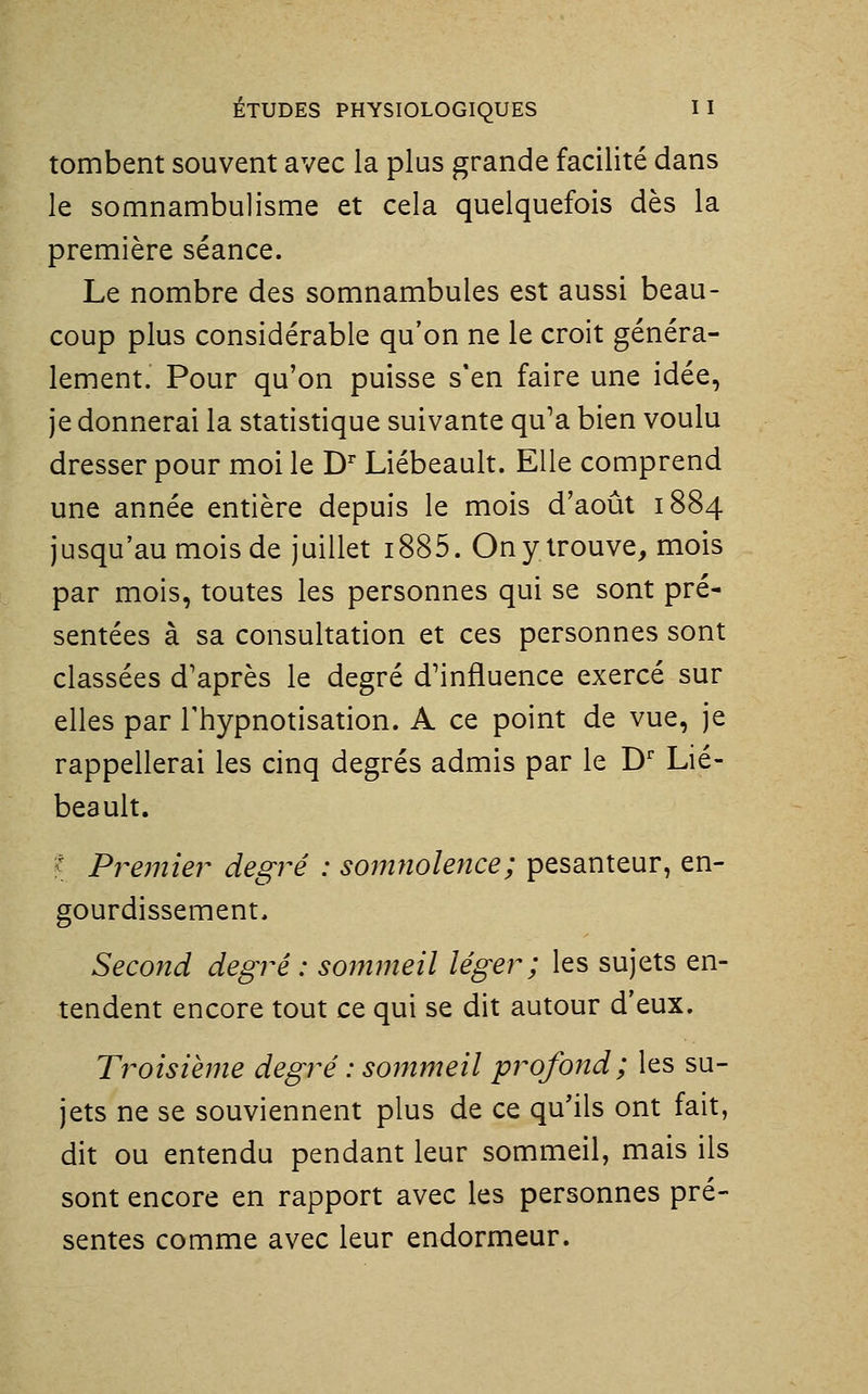 tombent souvent avec la plus grande facilité dans le somnambulisme et cela quelquefois dès la première séance. Le nombre des somnambules est aussi beau- coup plus considérable qu'on ne le croit généra- lement. Pour qu'on puisse s'en faire une idée, je donnerai la statistique suivante qu'a bien voulu dresser pour moi le D Liébeault. Elle comprend une année entière depuis le mois d'août 1884 jusqu'au mois de juillet i885. On y trouve, mois par mois, toutes les personnes qui se sont pré- sentées à sa consultation et ces personnes sont classées d'après le degré d'influence exercé sur elles par Thypnotisation. A ce point de vue, je rappellerai les cinq degrés admis par le D'' Lié- beault. :■ Premier degré : somnolence; pesanteur, en- gourdissement. Second degré : sommeil léger; les sujets en- tendent encore tout ce qui se dit autour d'eux. Troisième degré : sommeil profofid; les su- jets ne se souviennent plus de ce qu'ils ont fait, dit ou entendu pendant leur sommeil, mais ils sont encore en rapport avec les personnes pré- sentes comme avec leur endormeur.