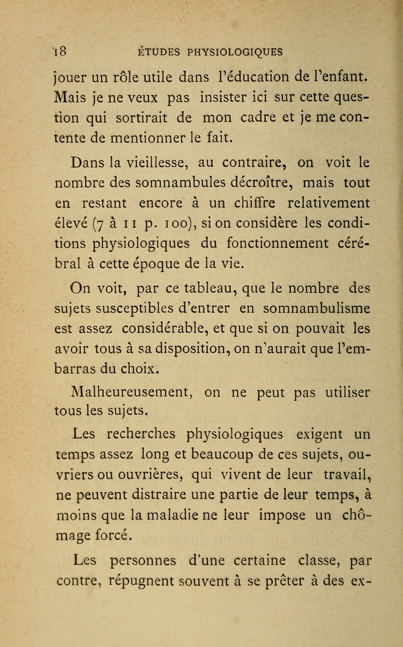 jouer un rôle utile dans l'éducation de Penfant. Mais je ne veux pas insister ici sur cette ques- tion qui sortirait de mon cadre et je me con- tente de mentionner le fait. Dans la vieillesse, au contraire, on voit le nombre des somnambules décroître, mais tout en restant encore à un chiffre relativement élevé (7 à 11 p. 100), si on considère les condi- tions physiologiques du fonctionnement céré- bral à cette époque de la vie. On voit, par ce tableau, que le nombre des sujets susceptibles d'entrer en somnambulisme est assez considérable, et que si on pouvait les avoir tous à sa disposition, on n'aurait que l'em- barras du choix. Malheureusement, on ne peut pas utiliser tous les sujets. Les recherches physiologiques exigent un temps assez long et beaucoup de ces sujets, ou- vriers ou ouvrières, qui vivent de leur travail, ne peuvent distraire une partie de leur temps, à moins que la maladie ne leur impose un chô- mage forcé. Les personnes d'une certaine classe, par contre, répugnent souvent à se prêter à des ex-