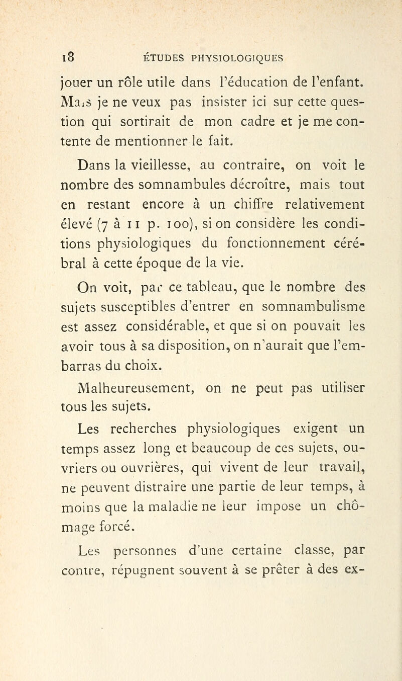 jouer un rôle utile dans l'éducation de Tenfant. MaiS je ne veux pas insister ici sur cette ques- tion qui sortirait de mon cadre et je me con- tente de mentionner le fait. Dans la vieillesse, au contraire, on voit le nombre des somnambules décroître, mais tout en restant encore à un chiffre relativement élevé (7 à II p. 100), si on considère les condi- tions physiologiques du fonctionnement céré- bral à cette époque de la vie. On voit, pai' ce tableau, que le nombre des sujets susceptibles d'entrer en somnambulisme est assez considérable, et que si on pouvait les avoir tous à sa disposition, on n'aurait que l'em- barras du choix. Malheureusement, on ne peut pas utiliser tous les sujets. Les recherches physiologiques exigent un temps assez long et beaucoup de ces sujets, ou- vriers ou ouvrières, qui vivent de leur travail, ne peuvent distraire une partie de leur temps, à moins que la maladie ne leur impose un chô- mage forcé. Les personnes d'une certaine classe, par contre, répugnent souvent à se prêter à des ex-