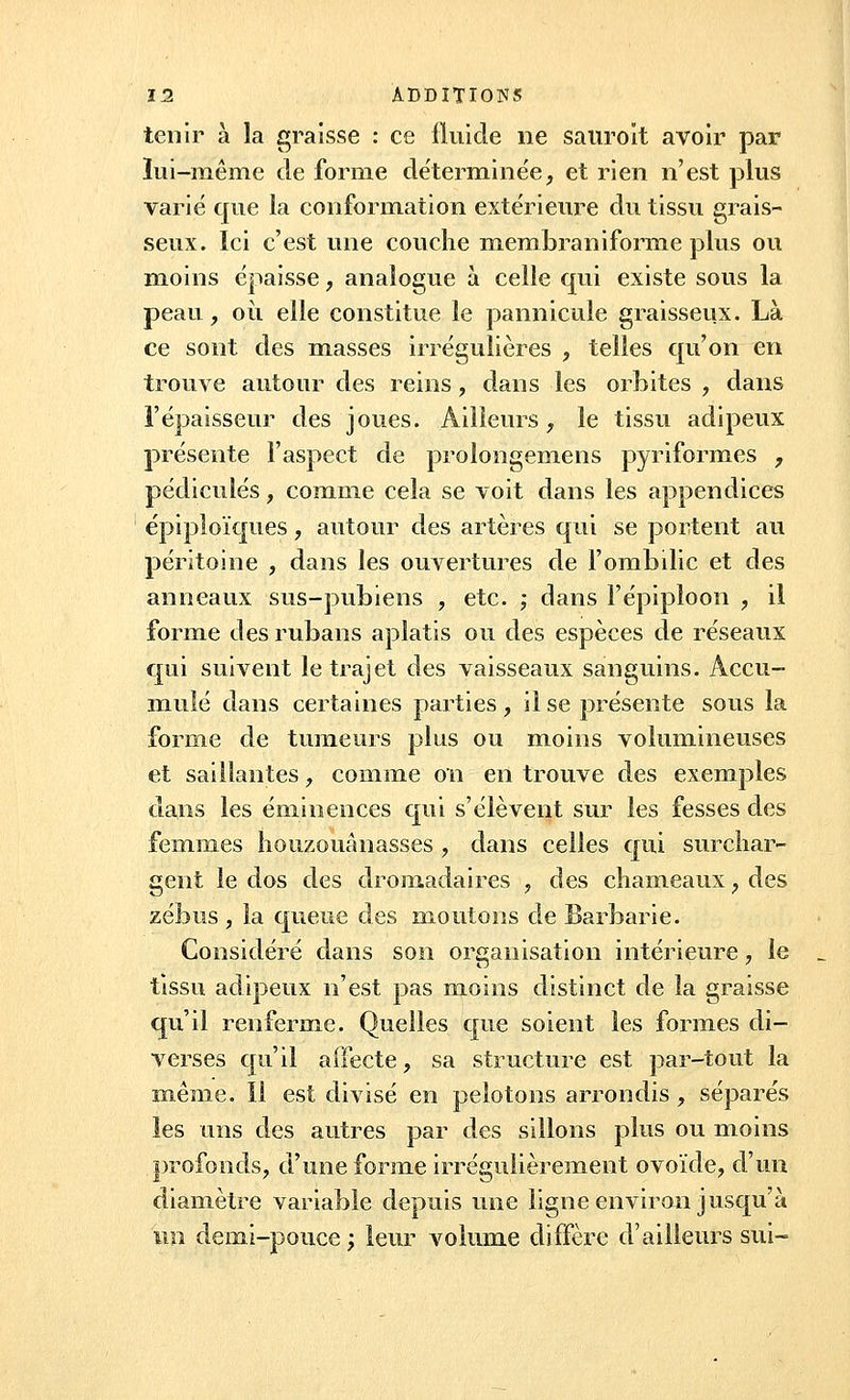 tenir à la graisse : ce fluide ne sauroit avoir par lui-même de forme déterminée, et rien n'est plus varié que la conformation extérieure du tissu grais- seux. Ici c'est une couche membraniforaie plus ou moins épaisse, analogue à celle qui existe sous la peau, où elle constitue le pannicule graisseux. Là ce sont des masses irrégulières ? telles qu'on en trouve autour des reins, dans les orbites , dans l'épaisseur des joues. Ailleurs , le tissu adipeux présente l'aspect de prolongemens pyriformes , pédicules, comme cela se voit dans les appendices épiploïques, autour des artères qui se portent au péritoine , dans les ouvertures de l'ombilic et des anneaux sus-pubiens , etc. ; dans l'épipîoon , il forme des rubans aplatis ou des espèces de réseaux qui suivent le trajet des vaisseaux sanguins. Accu- mulé dans certaines parties, il se présente sous la forme de tumeurs plus ou moins volumineuses et saillantes, comme on en trouve des exemples dans les éminences qui s'élèvent sur les fesses des femmes houzouânasses , dans celles qui surchar- gent le dos des dromadaires ? des chameaux , des zébus , la queue des moutons de Barbarie. Considéré dans son organisation intérieure, le tissu adipeux n'est pas moins distinct de la graisse qu'il renferme. Quelles que soient les formes di- verses qu'il affecte, sa structure est par-tout la même. Il est divisé en pelotons arrondis , séparés les uns des autres par des sillons plus ou moins profonds, d'une forme irrégulièrement ovoïde, d'un diamètre variable depuis une ligne environ jusqu'à 'un demi-pouce; leur volume diffère d'ailleurs sui-
