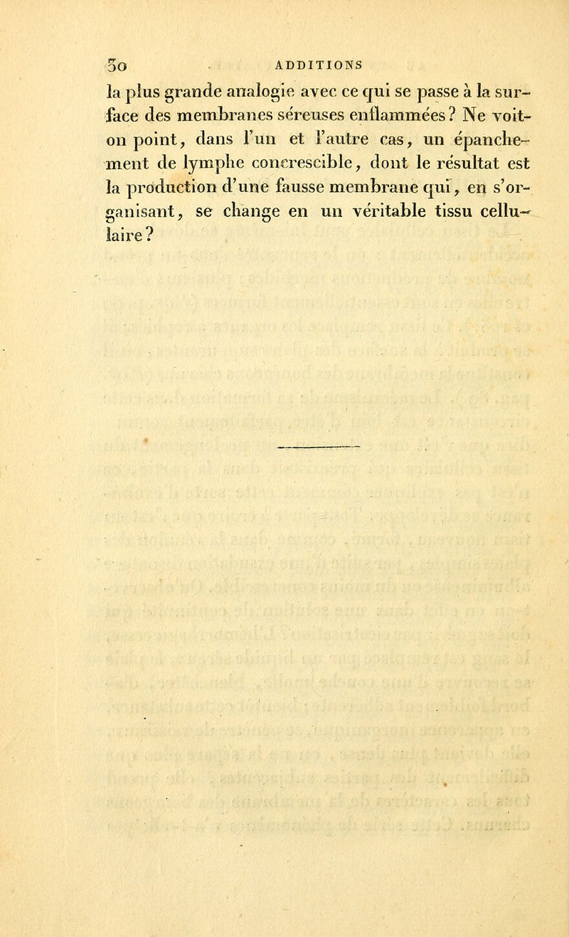 la pius grande analogie avec ce qui se passe à la sur- face des membranes séreuses enflammées? Ne voit- on point, dans l'un et l'autre cas, un épanche- ment de lymphe conerescible, dont le résultat est la production d'une fausse membrane qui, en s'or- ganisant, se change en un véritable tissu cellu- iaire?