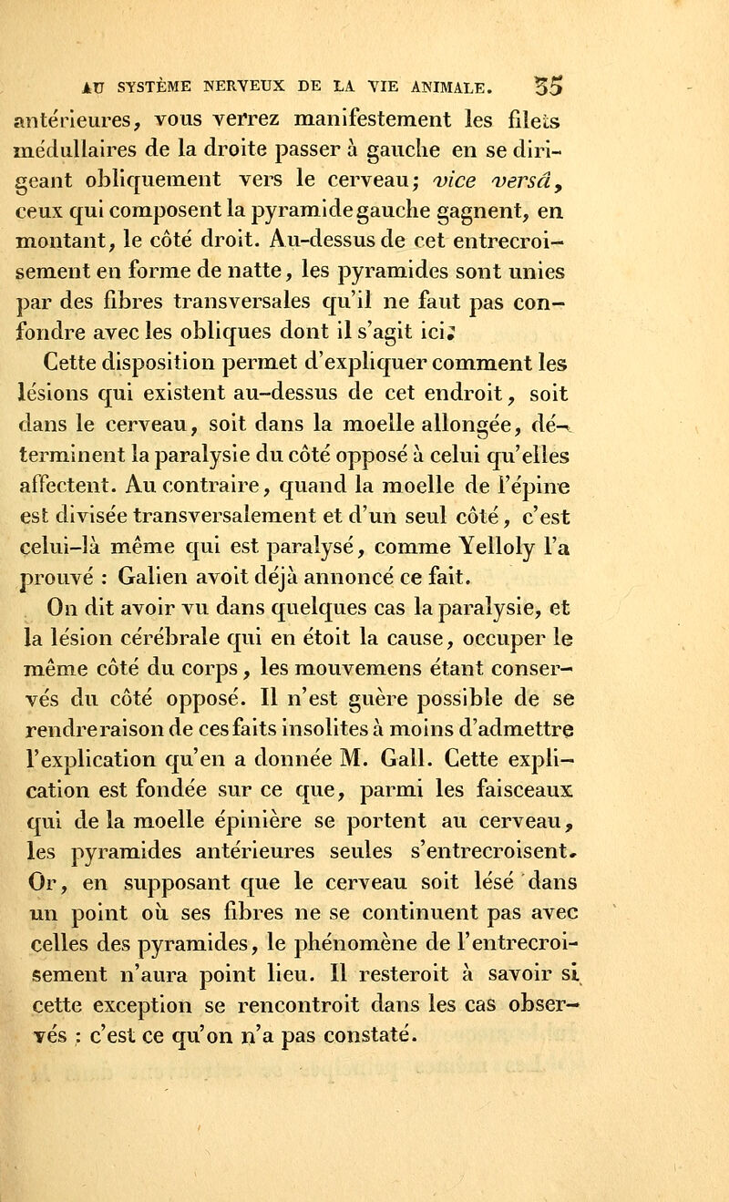 antérieures, vous verrez manifestement les filets médullaires de la droite passer à gauche en se diri- geant obliquement vers le cerveau; vice versa, ceux qui composent la pyramide gauche gagnent, en montant, le côté droit. Au-dessus de cet entrecroi- sement en forme de natte, les pyramides sont unies par des fibres transversales qu'il ne faut pas con- fondre avec les obliques dont il s'agit ici. Cette disposition permet d'expliquer comment les lésions qui existent au-dessus de cet endroit, soit dans le cerveau, soit dans la moelle allongée, dé-* terminent la paralysie du côté opposé à celui qu'elles affectent. Au contraire, quand la moelle de l'épine est divisée transversalement et d'un seul côté, c'est celui-là même qui est paralysé, comme Yelloly l'a prouvé : Galien avoit déjà annoncé ce fait. On dit avoir vu dans quelques cas la paralysie, et la lésion cérébrale qui en étoit la cause, occuper le même côté du corps, les mouvemens étant conser- vés du côté opposé. Il n'est guère possible de se rendre raison de ces faits insolites à moins d'admettre l'explication qu'en a donnée M. Gall. Cette expli- cation est fondée sur ce que, parmi les faisceaux qui de la moelle épinière se portent au cerveau, les pyramides antérieures seules s'entrecroisent- Or, en supposant que le cerveau soit lésé dans un point où ses fibres ne se continuent pas avec celles des pyramides, le phénomène de l'entrecroi- sement n'aura point lieu. 11 resteroit à savoir si cette exception se rencontroit dans les cas obser- vés : c'est ce qu'on n'a pas constaté.