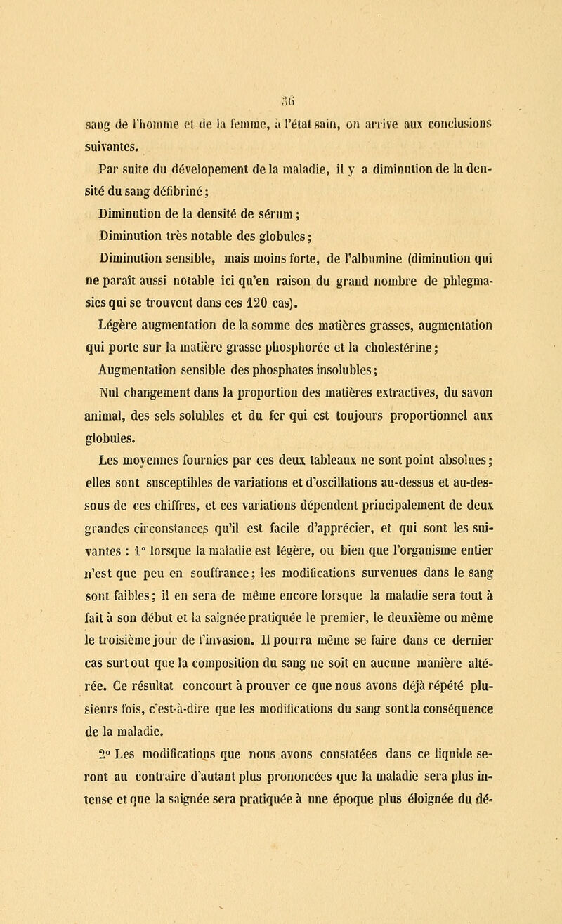 sang de l'homme et de la femme, ù l'étal sain, on arrive aux conclusions suivantes. Par suite du dévelopement de la maladie, il y a diminution de la den- sité du sang défibriné ; Diminution de la densité de sérum ; Diminution très notable des globules ; Diminution sensible, mais moins forte, de l'albumine (diminution qui ne paraît aussi notable ici qu'en raison du grand nombre de phlegma- sies qui se trouvent dans ces 120 cas). Légère augmentation de la somme des matières grasses, augmentation qui porte sur la matière grasse phosphorée et la cholestérine ; Augmentation sensible des phosphates insolubles ; Nul changement dans la proportion des matières extractives, du savon animal, des sels solubles et du fer qui est toujours proportionnel aux globules. Les moyennes fournies par ces deux tableaux ne sont point absolues ; elles sont susceptibles de variations et d'oscillations au-dessus et au-des- sous de ces chiffres, et ces variations dépendent principalement de deux grandes circonstances qu'il est facile d'apprécier, et qui sont les sui- vantes : 1° lorsque la maladie est légère, ou bien que l'organisme entier n'est que peu en souffrance; les modifications survenues dans le sang sont faibles ; il en sera de même encore lorsque la maladie sera tout à fait à son début et la saignée pratiquée le premier, le deuxième ou même le troisième jour de l'invasion. Il pourra même se faire dans ce dernier cas surt out que la composition du sang ne soit en aucune manière alté- rée. Ce résultat concourt à prouver ce que nous avons déjà répété plu- sieurs fois, c'est-à-dire que les modifications du sang sontla conséquence de la maladie. 2° Les modifications que nous avons constatées dans ce liquide se- ront au contraire d'autant plus prononcées que la maladie sera plus in- tense et que la saignée sera pratiquée à une époque plus éloignée du dé-