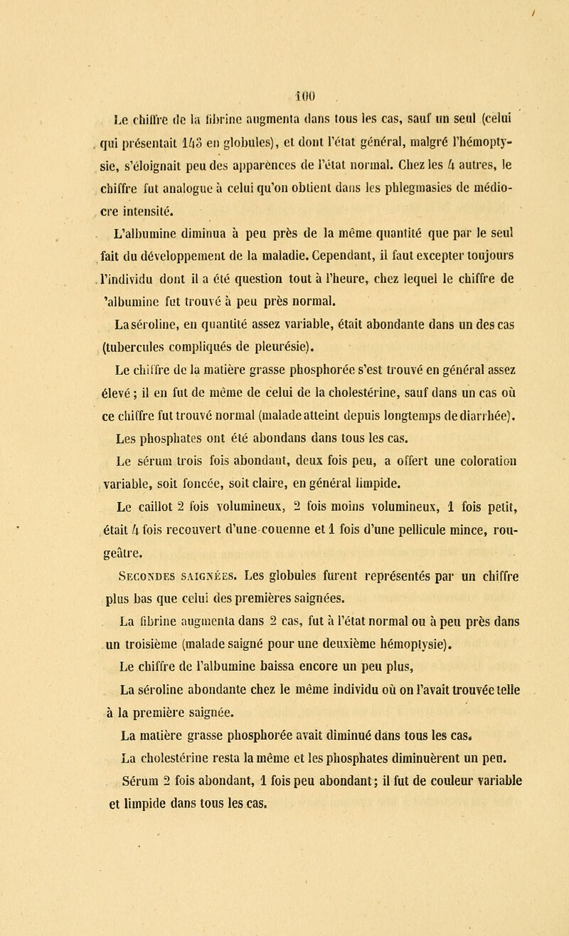 Le chiffre de la fibrine augmenta dans tous les cas, sauf un seul (celui qui présentait 143 en globules), et dont l'état général, malgré l'hémopty- sie, s'éloignait peu des apparences de l'état normal. Chez les U autres, le chiffre fut analogue à celui qu'on obtient dans les phlegmasies de médio- cre intensité. L'albumine diminua à peu près de la même quantité que par le seul fait du développement de la maladie. Cependant, il faut excepter toujours l'individu dont il a été question tout à l'heure, chez lequel le chiffre de 'albumine fut trouvé à peu près normal. Laséroline, en quantité assez variable, était abondante dans un des cas (tubercules compliqués de pleurésie). Le chiffre de la matière grasse phosphorée s'est trouvé en général assez élevé ; il en fut de même de celui de la cholestérine, sauf dans un cas où ce chiffre fut trouvé normal (malade atteint depuis longtemps de diarrhée). Les phosphates ont été abondans dans tous les cas. Le sérum trois fois abondant, deux fois peu, a offert une coloration variable, soit foncée, soit claire, en général limpide. Le caillot 2 fois volumineux, 2 fois moins volumineux, 1 fois petit, était 4 fois recouvert d'une couenne et 1 fois d'une pellicule mince, rou- geâtre. Secondes saignées. Les globules furent représentés par un chiffre plus bas que celui des premières saignées. La fibrine augmenta dans 2 cas, fut à l'état normal ou à peu près dans un troisième (malade saigné pour une deuxième hémoptysie). Le chiffre de l'albumine baissa encore un peu plus, La séroline abondante chez le même individu où on l'avait trouvée telle à la première saignée. La matière grasse phosphorée avait diminué dans tous les cas. La cholestérine resta la même et les phosphates diminuèrent un peu. Sérum 2 fois abondant, 1 fois peu abondant ; il fut de couleur variable et limpide dans tous les cas.