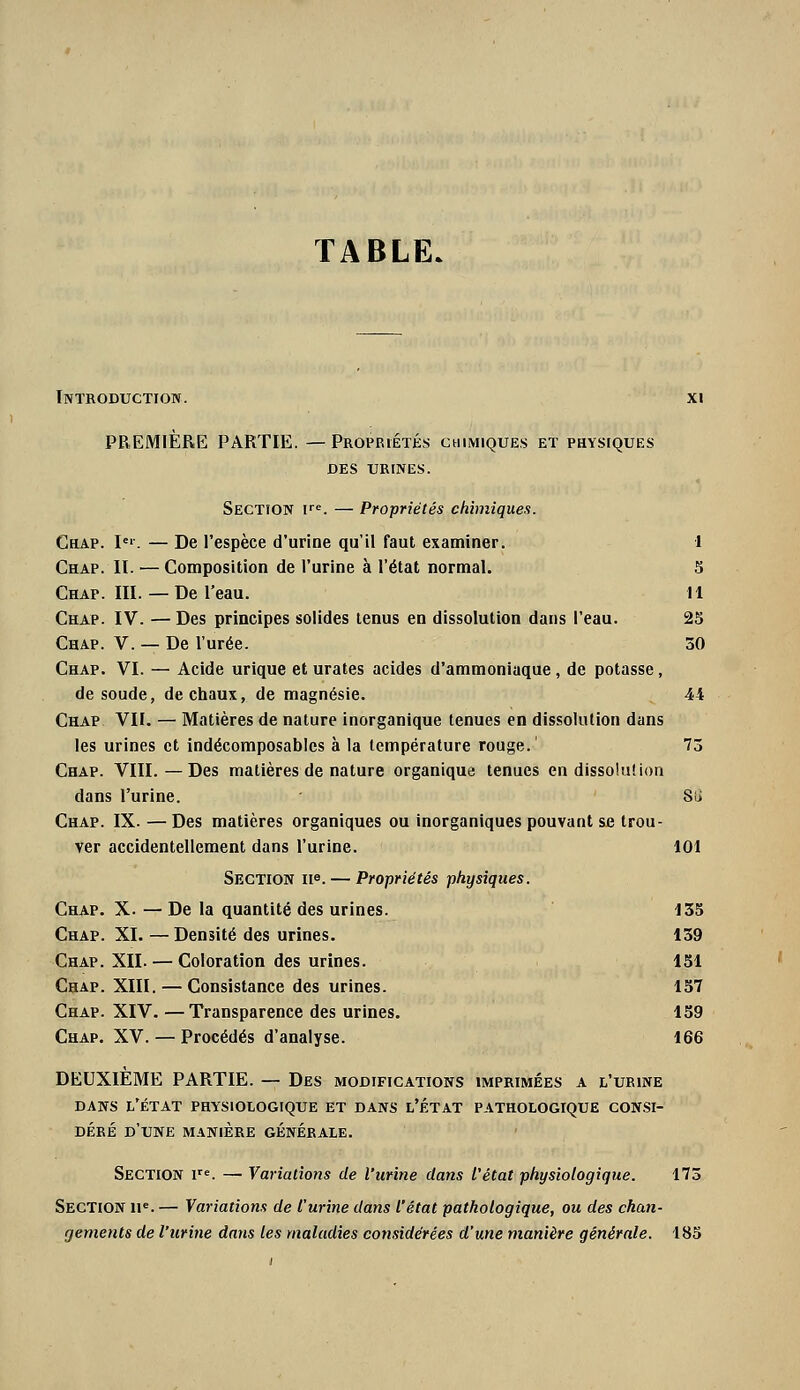 TABLE. PREMIERE PARTIE. —Propriétés chimiques et physiques DES URINES. Section k'^. — Propriétés chimiques. Chap. I'i\ — De l'espèce d'urine qu'il faut examiner. 1 Chap. II. — Composition de l'urine à l'état normal. 5 Chap. III. — De l'eau. Il Chap. IV. — Des principes solides tenus en dissolution dans l'eau. 25 Chap. V. — De l'urée. 30 Chap. VI. — Acide urique et urates acides d'ammoniaque, de potasse, de soude, de chaux, de magnésie. 44 Chap VII. — Matières de nature inorganique tenues en dissolution dans les urines et indécomposables à la température rouge.' 73 Chap. VIII. — Des matières de nature organique tenues en dissolu!ion dans l'urine. SU Chap. IX. — Des matières organiques ou inorganiques pouvant se trou- ver accidentellement dans l'urine. 101 Section u^. — Propriétés physiques. Chap. X. — De la quantité des urines. 135 Chap. XI. — Densité des urines. 139 Chap. XII. — Coloration des urines. 151 Chap. XIII. — Consistance des urines. 157 Chap. XIV. —Transparence des urines. 159 Chap. XV. — Procédés d'analyse. 166 DEUXIÈME PARTIE. — Des modifications imprimées a l'urine DANS l'état physiologique ET DANS L'ÉTAT PATHOLOGIQUE CON.SI- déré d'une manière générale. Section v. — Variations de l'urine dans fétat physiologique. 173 Section ip. — Variations de t'urine dans l'état pathologique, ou des chan- gements de l'urine dans les maladies considérées d'une manière générale. 185