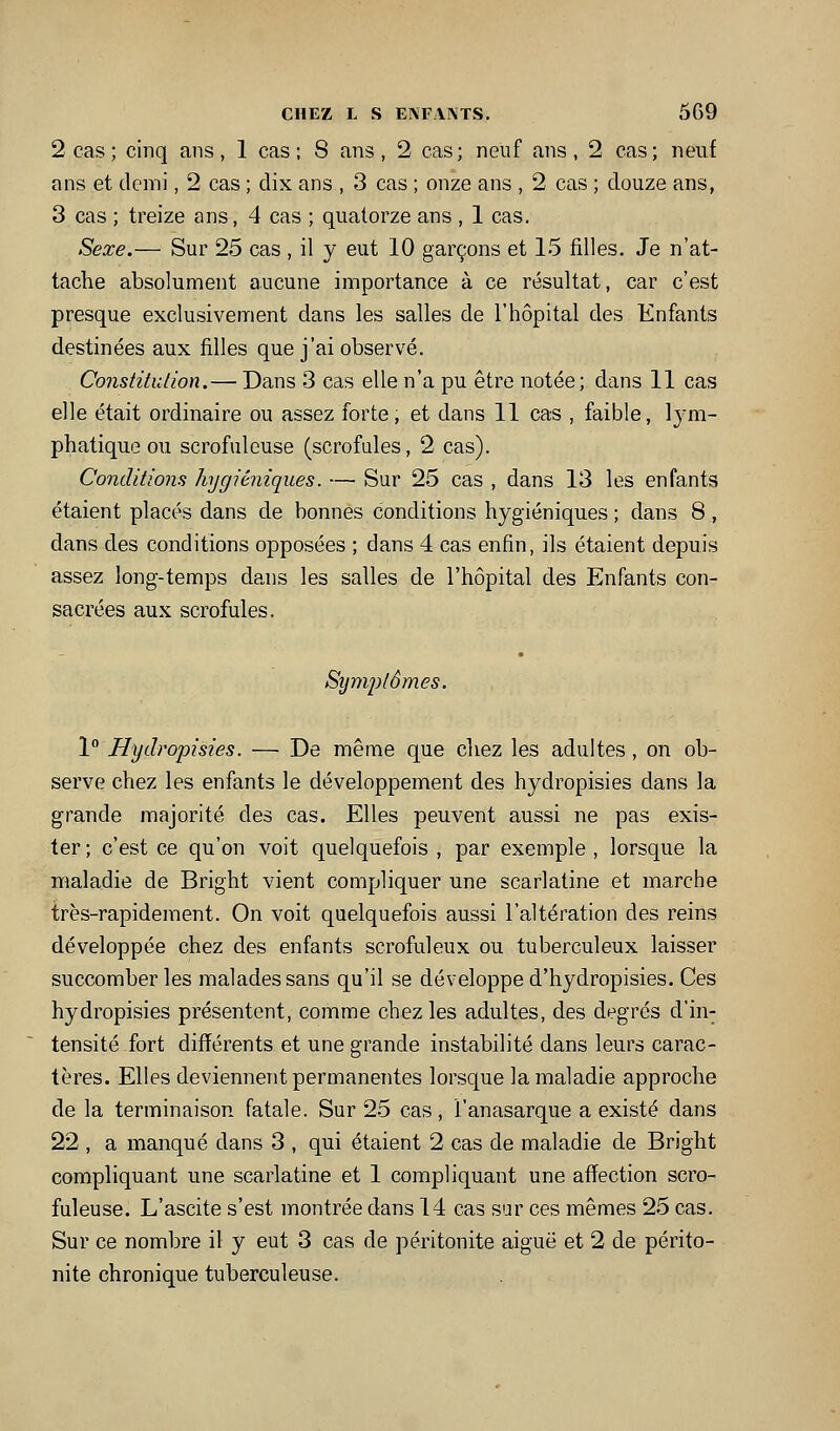 2 cas; cinq ans, 1 cas; 8 ans, 2 cas; neuf ans, 2 cas; neuf ans et demi, 2 cas ; dix ans , 3 cas ; onze ans , 2 cas ; douze ans, 3 cas ; treize ans, 4 cas ; quatorze ans , 1 cas. Sexe.— Sur 25 cas, il y eut 10 garçons et 15 filles. Je n'at- tache absolument aucune importance à ce résultat, car c'est presque exclusivement dans les salles de l'hôpital des Enfants destinées aux filles que j'ai observé. Constitution.— Dans 3 cas elle n'a pu être notée; dans 11 cas elle était ordinaire ou assez forte, et dans 11 cas , faible, lym- phatique ou scrofuleuse (scrofules, 2 cas). Conditions hygiéniques. — Sur 25 cas , dans 13 les enfants étaient placés dans de bonnes conditions hygiéniques ; dans 8 , dans des conditions opposées ; dans 4 cas enfin, ils étaient depuis assez long-temps dans les salles de l'hôpital des Enfants con- sacrées aux scrofules. Sijmi)lômes. 1 Hydropisies. — De même que chez les adultes, on ob- serve chez les enfants le développement des hydropisies dans la grande majorité des cas. Elles peuvent aussi ne pas exis- ter ; c'est ce qu'on voit quelquefois , par exemple , lorsque la maladie de Bright vient compliquer une scarlatine et marche très-rapidement. On voit quelquefois aussi l'altération des reins développée chez des enfants scrofuleux ou tuberculeux laisser succomber les malades sans qu'il se développe d'hydropisies. Ces hydropisies présentent, comme chez les adultes, des degrés d'in- tensité fort différents et une grande instabilité dans leurs carac- tères. Elles deviennent permanentes lorsque la maladie approche de la terminaison fatale. Sur 25 cas , l'anasarque a existé dans 22 , a manqué dans 3 , qui étaient 2 cas de maladie de Bright compliquant une scarlatine et 1 compliquant une affection scro- fuleuse. L'ascite s'est montrée dans 14 cas sur ces mêmes 25 cas. Sur ce nombre il y eut 3 cas de péritonite aiguë et 2 de périto- nite chronique tuberculeuse.
