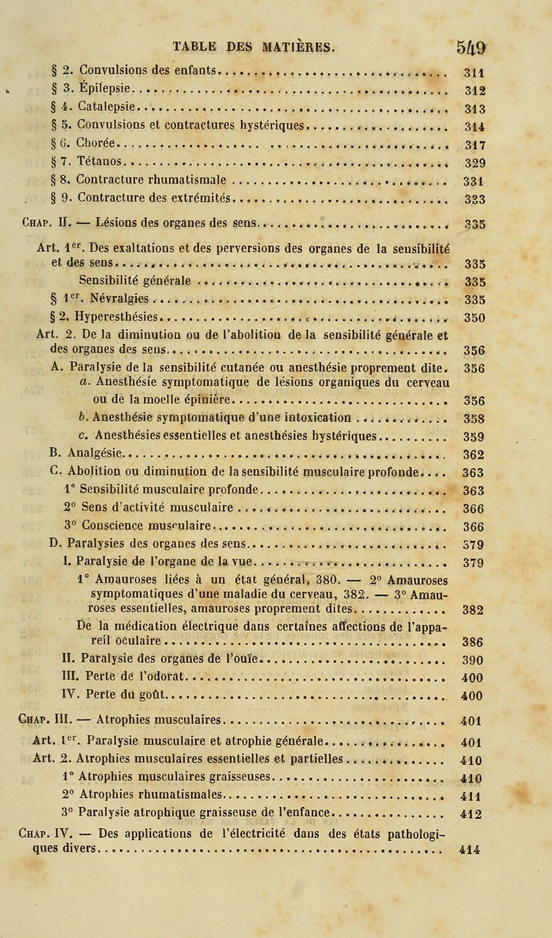 § 2. Convulsions des enfants 3 [ 1 § 3. Épllepsie 312 § 4. Catalepsie 313 § 5. Convulsions et contractures hystériques 314 § 6. Cliorée 317 § 7. Tétanos ,.. 329 § 8. Contracture rhumatismale 33I § 9. Contracture des extrémités 333 Chap. II. — Lésions des organes des sens .^,35 Art. 1^^. Des exaltations et des perversions des organes de la sensibilité et des sens , 335 Sensibilité générale 335 § 1'=''. Névralgies 335 § 2. Hyperesthésies c 350 Art. 2. De la diminution ou de l'abolition de la sensibilité générale et des organes des sens, 356 A. Paralysie de la sensibilité cutanée ou anesthésie proprement dite. 356 a. Anesthésie symptomatique de lésions organiques du cerveau ou de la moelle épinière 356 b. Anesthésie symptomatique d'une intoxication .. *. » 358 c. Anesthésies essentielles et anesthésies hystériques 359 B. Analgésie 362 C. Abolition ou diminution de la sensibilité musculaire profonde.... 363 1° Sensibilité musculaire profonde 363 2° Sens d'activité musculaire 366 3° Conscience musculaire i 366 D. Paralysies des organes des sens 379 L Paralysie de l'organe de la vue 379 1° Amauroses liées à un état général, 380. — 2° Amauroses symptomatiques d'une maladie du cerveau, 382. — 3° Amau- roses essentielles, amauroses proprement dites 382 De la médication électrique dans certaines affections de l'appa- reil oculaire ,. 386 II. Paralysie des organes de l'ouïe. 390 III. Perte de l'odorat 400 IV. Perte du goût 400 Chap. III. — Atrophies musculaires ».... 401 Art. l'''^. Paralysie musculaire et atrophie générale 401 Art. 2. Atrophies musculaires essentielles et partielles » 410 1° Atrophies musculaires graisseuses ,410 2° Atrophies rhumatismales 411 3° Paralysie atrophique graisseuse de l'enfance 412 Chap. IV. — Des applications de l'électricité dans des états pathologi- ques divers 414