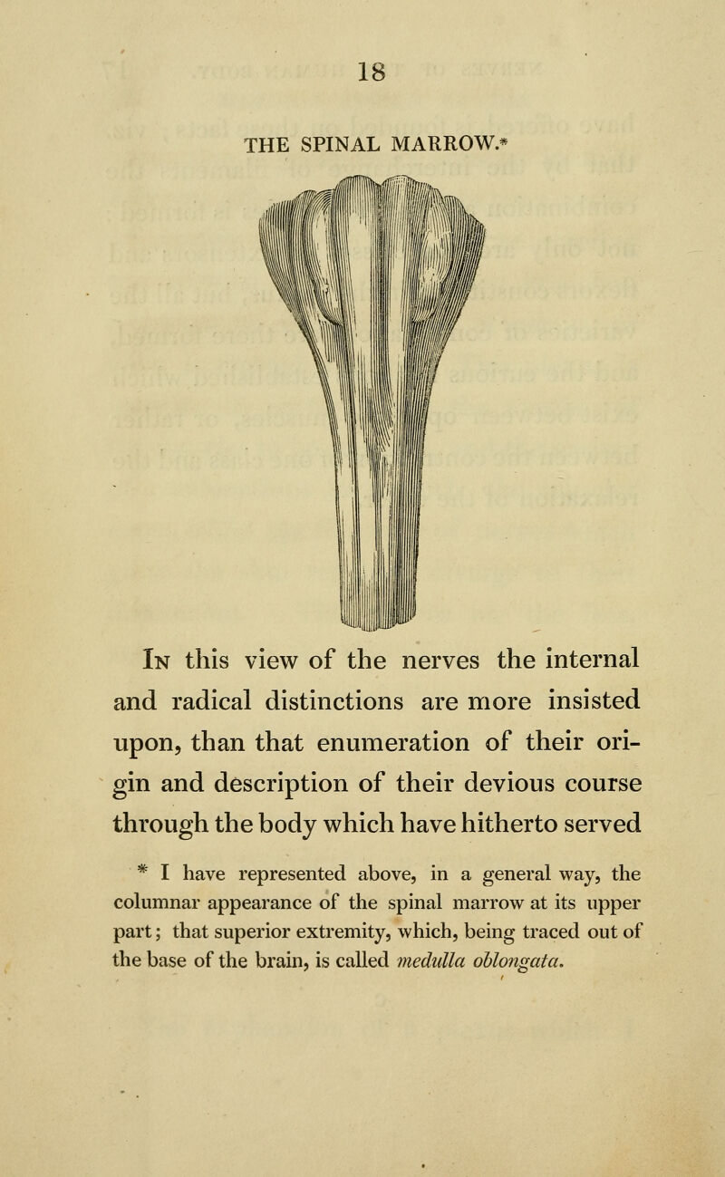 THE SPINAL MARROW.* In this view of the nerves the internal and radical distinctions are more insisted upon, than that enumeration of their ori- gin and description of their devious course through the body which have hitherto served * I have represented above, in a general way, the columnar appearance of the spinal marrow at its upper part; that superior extremity, which, being traced out of the base of the brain, is called medulla ohlonmta.