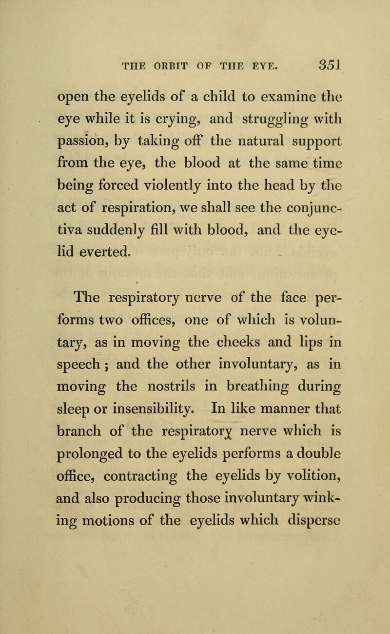 open the eyelids of a child to examine the eye while it is crying, and struggling with passion, by taking off the natural support from the eye, the blood at the same time being forced violently into the head by the act of respiration, we shall see the conjunc- tiva suddenly fill with blood, and the eye- lid everted. The respiratory nerve of the face per- forms two offices, one of which is volun- tary, as in moving the cheeks and lips in speech ; and the other involuntary, as in moving the nostrils in breathing during sleep or insensibility. In like manner that branch of the respiratory nerve which is prolonged to the eyelids performs a double office, contracting the eyelids by volition, and also producing those involuntary wink- ing motions of the eyelids which disperse