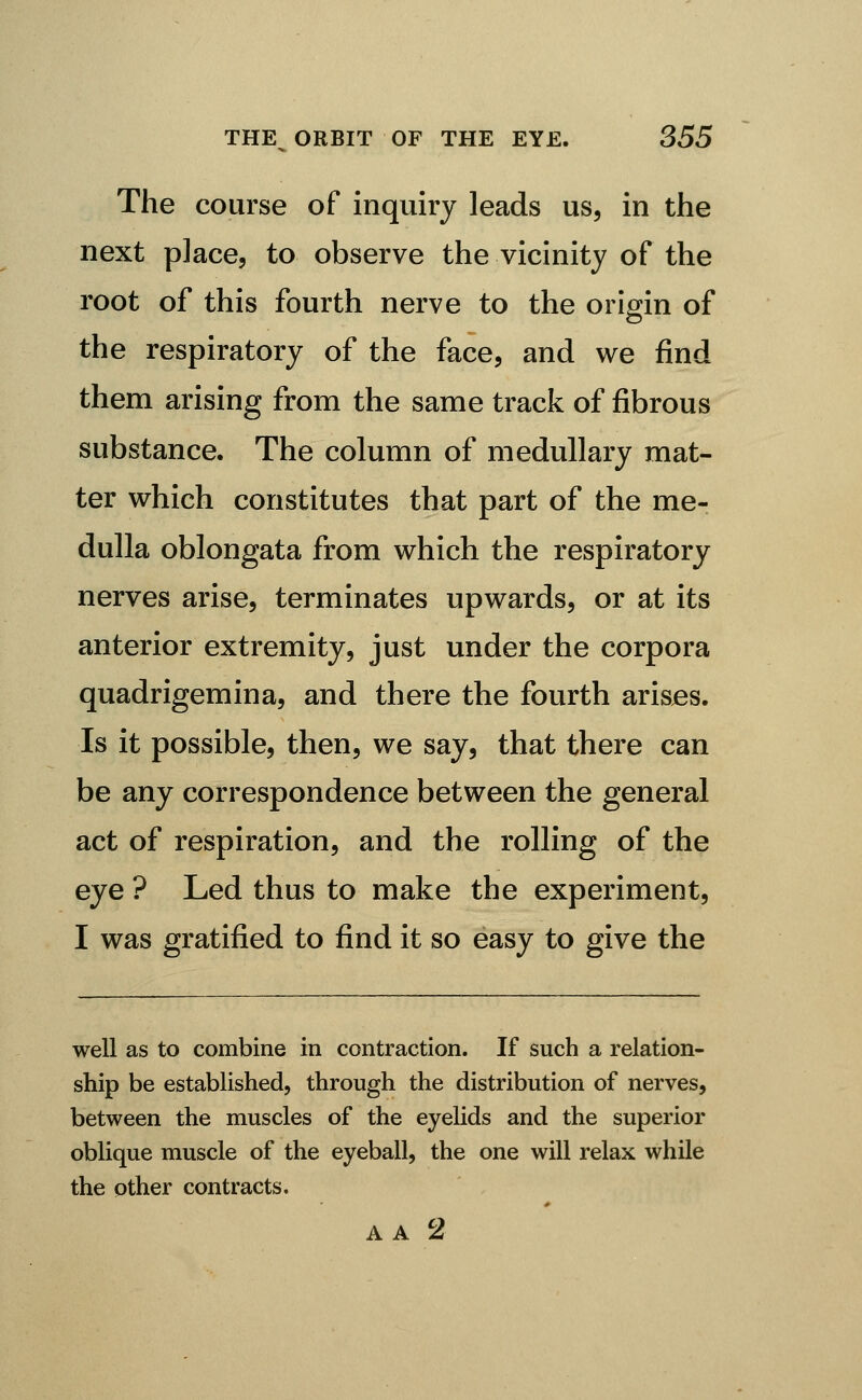 The course of inquiry leads us, in the next place, to observe the vicinity of the root of this fourth nerve to the origin of the respiratory of the face, and we find them arising from the same track of fibrous substance. The column of medullary mat- ter which constitutes that part of the me- dulla oblongata from which the respiratory nerves arise, terminates upwards, or at its anterior extremity, just under the corpora quadrigemina, and there the fourth arises. Is it possible, then, we say, that there can be any correspondence between the general act of respiration, and the rolling of the eye ? Led thus to make the experiment, I was gratified to find it so easy to give the well as to combine in contraction. If such a relation- ship be established, through the distribution of nerves, between the muscles of the eyelids and the superior oblique muscle of the eyeball, the one will relax while the other contracts.