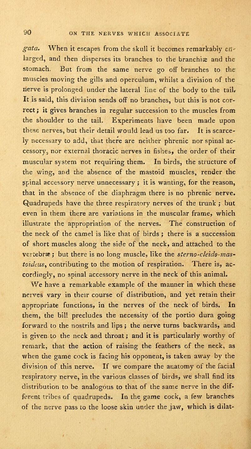 gata. When it escapes from the skull it becomes remarkably en- larged, and then disperses its branches to the branchiae and the stomach. But from the same nerve go off branches to the muscles moving the gills and operculum, whilst a division of the nerve is prolonged under the lateral line of the body to the taiU It is said, this division sends off no branches, but this is not cor- rect; it gives branches in regular succession to the muscles from the shoulder to the tail. Experiments have been made upon these nerves, but their detail would lead us too far. It is scarce- ly necessary to add, that there are neither phrenic nor spinal ac- cessoryj nor external thoracic nerves in fishes, the order of their muscular system not requiring them. In birds, the structure of the wing, and the absence of the mastoid muscles, render the spinal accessory nerve unnecessary ; it is wanting, for the reason, that in the absence of the diaphragm there is no phrenic nerve. Quadrupeds have the three respiratory nerves of the trunk ; but even in them there are variations in the muscular frame, which illustrate the appropriation of the nerves. The construction of the neck of the camel is like that of birds j there is a succession of short muscles along the side of the neck, and attached to the vertebrse; but there is no long muscle> like the sternO'Cleido-mas- toideus^ contributing to the motion of respiration. There is, ac- cordingly, no spinal accessory nerve in the neck of this animal. We have a remarkable example of the manner in which these nerves vary in their course of distribution, and yet retain their appropriate functions, in the nerves of the neck of birds. In them, the bill precludes the necessity of the portio dura going forward to the nostrils and lips | the nerve turns backwards, and is given to the neck and throat; and it is particularly worthy of remark, that the action of raising the feathers of the neck, as when the game cock is facing his opponent, is taken away by the division of this nerve. If we compare the anatomy of the facial respiratory nerve, in the various classes of birds, we shall find its distribution to be analogous to that of the same nerve in the dif- ferent tribes of quadrupeds. In the game cock, a few branches of the nerve pass to the loose skin under the jaw, which is dilat-