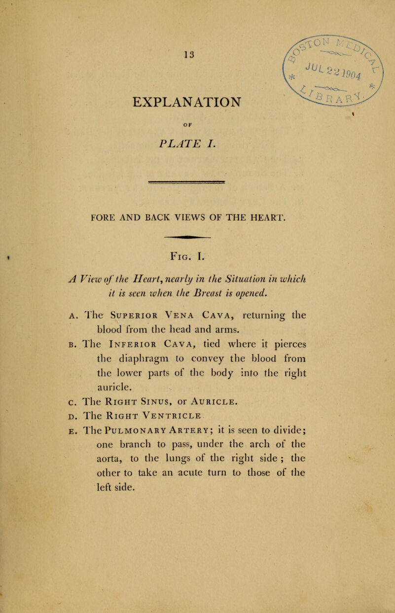 EXPLANATION PLATE I. FORE AND BACK VIEWS OF THE HEART. Fig. I. A View of the Heart, nearly in the Situation in which it is seen when the Breast is opened. A. The Superior Vena Cava, returning the blood from the head and arms. b. The Inferior Cava, tied where it pierces the diaphragm to convey the blood from the lower parts of the body into the right auricle. c. The Right Sinus, or Auricle. d. The Right Ventricle e. The Pulmonary Artery; it is seen to divide; one branch to pass, under the arch of the aorta, to the lungs of the right side ; the other to take an acute turn to those of the left side.
