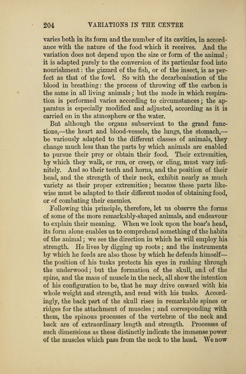 varies both in its form and the number of its cavities, in accord- ance with the nature of the food which it receives. And the variation does not depend upon the size or form of the animal: it is adapted purely to the conversion of its particular food into nourishment: the gizzard of the fish, or of the insect, is as per- fect as that of the fowl. So with the decarbonisation of the blood in breathing: the process of throwing off the carbon is the same in all living animals; but the mode in which respira- tion is performed varies according to circumstances; the ap- paratus is especially modified and adjusted, according as it is carried on in the atmosphere or the water. But although the organs subservient to the grand func- tions,—the heart and blood-vessels, the lungs, the stomach,— be variously adapted to the different classes of animals, they change much less than the parts by which animals are enabled to pursue their prey or obtain their food. Their extremities, by which they walk, or run, or creep, or cling, must vary infi- nitely. And so their teeth and horns, and the position of their head, and the strength of their neck, exhibit nearly as much variety as their proper extremities; because these parts like- wise must be adapted to their different modes of obtaining food, or of combating their enemies. Following this principle, therefore, let us observe the forms of some of the more remarkably-shaped animals, and endeavour to explain their meaning. When we look upon the boar's head, its form alone enables us to comprehend something of the habits of the animal; we see the direction in which he will employ his strength. He lives by digging up roots; and the instruments by which he feeds are also those by which he defends himself— the position of his tusks protects his eyes in rushing through the underwood; but the formation of the skull, and of the spine, and the mass of muscle in the neck, all show the intention of his configuration to be, that he may drive onward with his whole weight and strength, and rend with his tusks. Accord- ingly, the back part of the skull rises in remarkable spines or ridges for the attachment of muscles; and corresponding with them, the spinous processes of the vertebrae of the neck and back are of extraordinary length and strength. Processes of such dimensions as these distinctly indicate the immense power of the muscles which pass from the neck to the head. We now