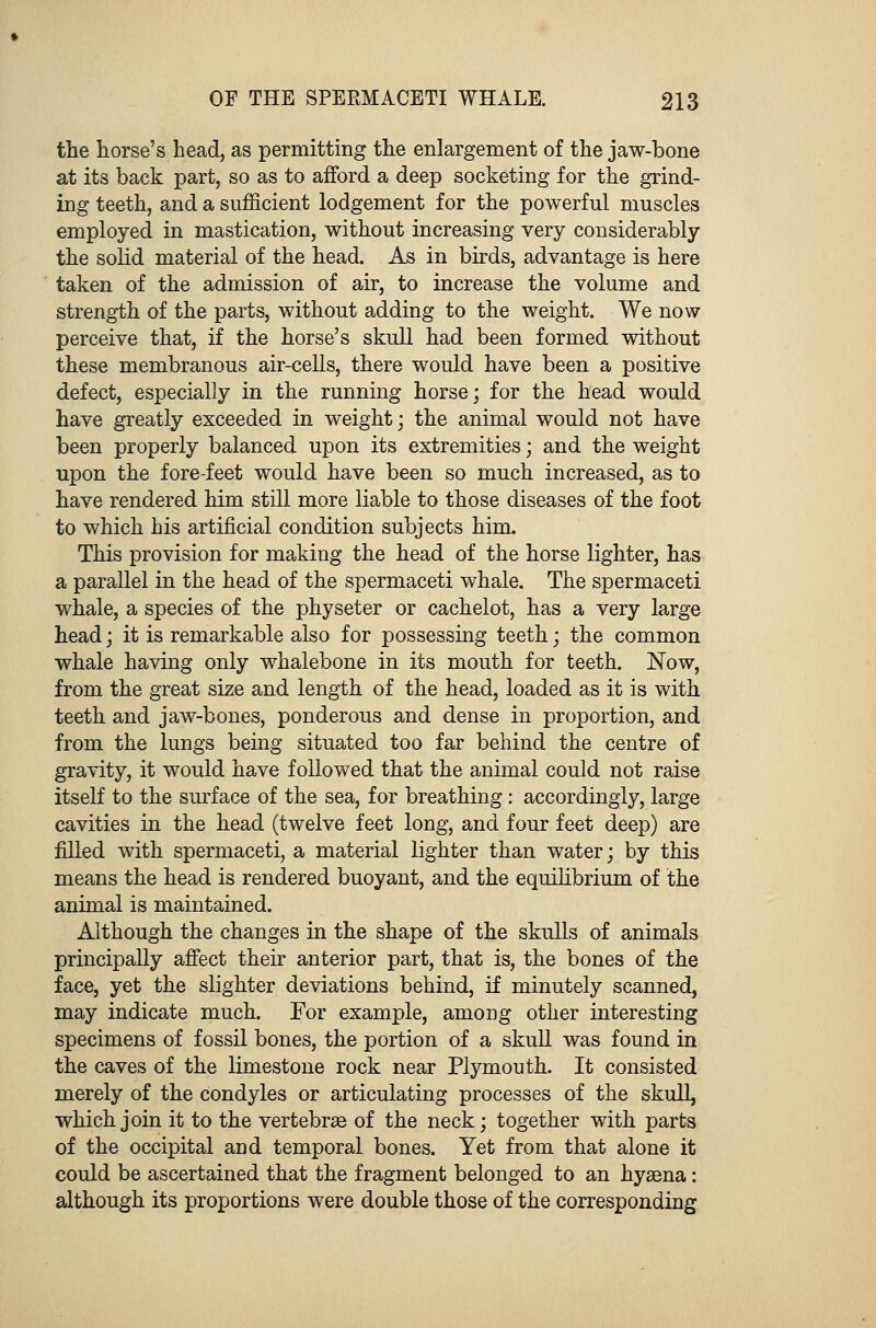 the horse's head, as permitting the enlargement of the jaw-bone at its back part, so as to afford a deep socketing for the grind- ing teeth, and a sufficient lodgement for the powerful muscles employed in mastication, without increasing very considerably the solid material of the head. As in birds, advantage is here taken of the admission of air, to increase the volume and strength of the parts, without adding to the weight. We now perceive that, if the horse's skull had been formed without these membranous air-cells, there would have been a positive defect, especially in the running horse; for the head would have greatly exceeded in weight; the animal would not have been properly balanced upon its extremities; and the weight upon the fore-feet would have been so much increased, as to have rendered him still more liable to those diseases of the foot to which his artificial condition subjects him. This provision for making the head of the horse lighter, has a parallel in the head of the spermaceti whale. The spermaceti whale, a species of the physeter or cachelot, has a very large head; it is remarkable also for possessing teeth; the common whale having only whalebone in its mouth for teeth. Now, from the great size and length of the head, loaded as it is with teeth and jaw-bones, ponderous and dense in proportion, and from the lungs being situated too far behind the centre of gravity, it would have followed that the animal could not raise itself to the surface of the sea, for breathing: accordingly, large cavities in the head (twelve feet long, and four feet deep) are filled with spermaceti, a material lighter than water; by this means the head is rendered buoyant, and the equilibrium of the animal is maintained. Although the changes in the shape of the skulls of animals principally affect their anterior part, that is, the bones of the face, yet the slighter deviations behind, if minutely scanned, may indicate much. For example, amoug other interesting specimens of fossil bones, the portion of a skull was found in the caves of the limestone rock near Plymouth. It consisted merely of the condyles or articulating processes of the skull, which join it to the vertebrae of the neck; together with parts of the occipital and temporal bones. Yet from that alone it could be ascertained that the fragment belonged to an hyaena: although its proportions were double those of the corresponding