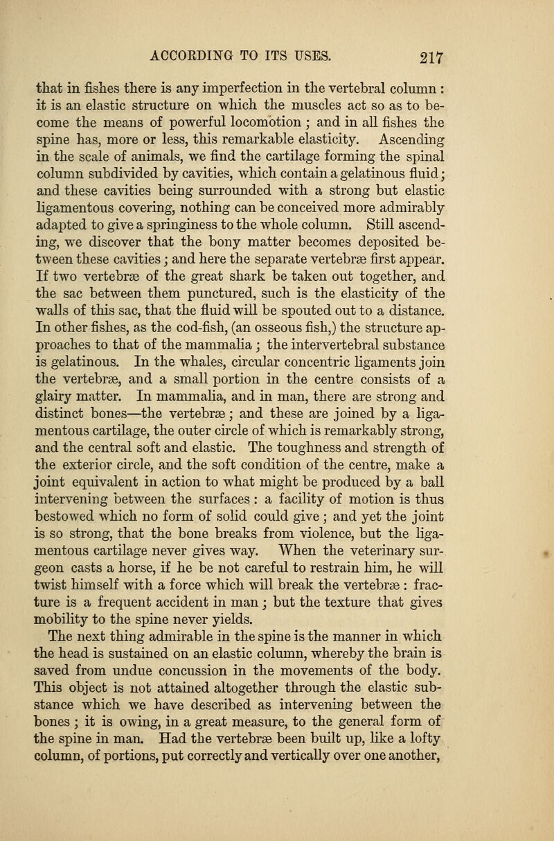 that in fishes there is any imperfection in the vertebral column : it is an elastic structure on which the muscles act so as to be- come the means of powerful locomotion ; and in all fishes the spine has, more or less, this remarkable elasticity. Ascending in the scale of animals, we find the cartilage forming the spinal column subdivided by cavities, which contain a gelatinous fluid; and these cavities being surrounded with a strong but elastic ligamentous covering, nothing can be conceived more admirably adapted to give a springiness to the whole column. Still ascend- ing, we discover that the bony matter becomes deposited be- tween these cavities; and here the separate vertebrae first appear. If two vertebrae of the great shark be taken out together, and the sac between them punctured, such is the elasticity of the walls of this sac, that the fluid will be spouted out to a distance. In other fishes, as the cod-fish, (an osseous fish,) the structure ap- proaches to that of the mammalia; the intervertebral substance is gelatinous. In the whales, circular concentric ligaments join the vertebrae, and a small portion in the centre consists of a glairy matter. In mammalia, and in man, there are strong and distinct bones—the vertebrae; and these are joined by a liga- mentous cartilage, the outer circle of which is remarkably strong, and the central soft and elastic. The toughness and strength of the exterior circle, and the soft condition of the centre, make a joint equivalent in action to what might be produced by a ball intervening between the surfaces : a facility of motion is thus bestowed which no form of solid could give ; and yet the joint is so strong, that the bone breaks from violence, but the liga- mentous cartilage never gives way. When the veterinary sur- geon casts a horse, if he be not careful to restrain him, he will twist himself with a force which will break the vertebrae : frac- ture is a frequent accident in man; but the texture that gives mobility to the spine never yields. The next thing admirable in the spine is the manner in which the head is sustained on an elastic column, whereby the brain is saved from undue concussion in the movements of the body. This object is not attained altogether through the elastic sub- stance which we have described as intervening between the bones ; it is owing, in a great measure, to the general form of the spine in man. Had the vertebrae been built up, like a lofty column, of portions, put correctly and vertically over one another,