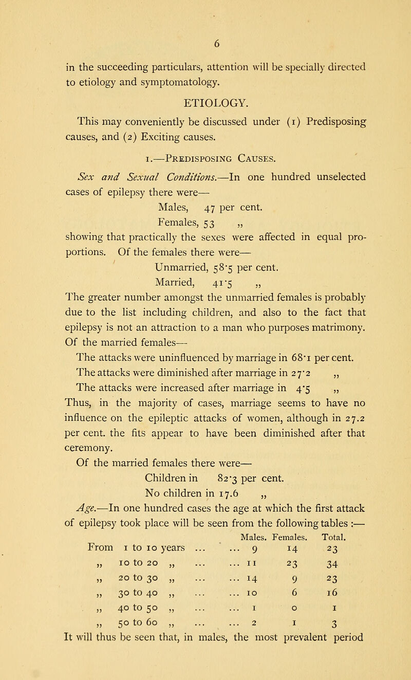 in the succeeding particulars, attention will be specially directed to etiology and symptomatology. ETIOLOGY. This may conveniently be discussed under (i) Predisposing causes, and (2) Exciting causes. 1.—Predisposing Causes. Sex and Sexual Conditions.—In one hundred unselected cases of epilepsy there were— Males, 47 per cent. Females, 53 „ showing that practically the sexes were affected in equal pro- portions. Of the females there were— Unmarried, 58*5 per cent. Married, 41*5 „ The greater number amongst the unmarried females is probably due to the list including children, and also to the fact that epilepsy is not an attraction to a man who purposes matrimony. Of the married females— The attacks were uninfluenced by marriage in 68*i percent. The attacks were diminished after marriage in 27'2 „ The attacks were increased after marriage in 4*5 „ Thus, in the majority of cases, marriage seems to have no influence on the epileptic attacks of women, although in 27.2 per cent, the fits appear to have been diminished after that ceremony. Of the married females there were— Children in 82*3 per cent. No children in 17.6 „ Age.—In one hundred cases the age at which the first attack of epilepsy took place will be seen from the following tables :— From 1 to 10 years 10 to 20 „ 20 to 30 „ 30 to 40 „ 40 to 50 „ It will thus be seen that, in males, the most prevalent period Males. I emales. Tota 9 14 23 11 23 34 14 9 23 10 6 16 1 0 1